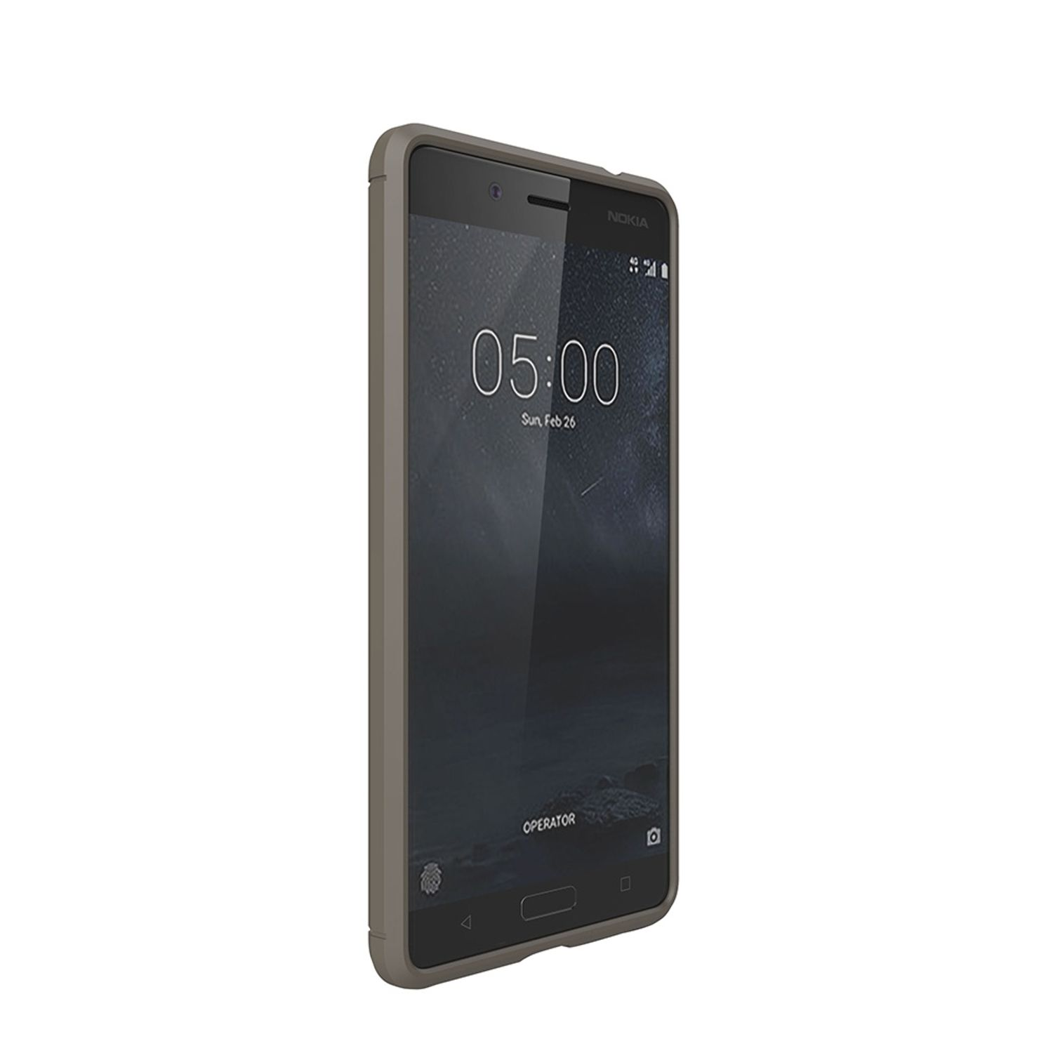 Ein graues Nokia-Handy in einer grauen Hülle. Der Bildschirm zeigt Uhrzeit und Datum.