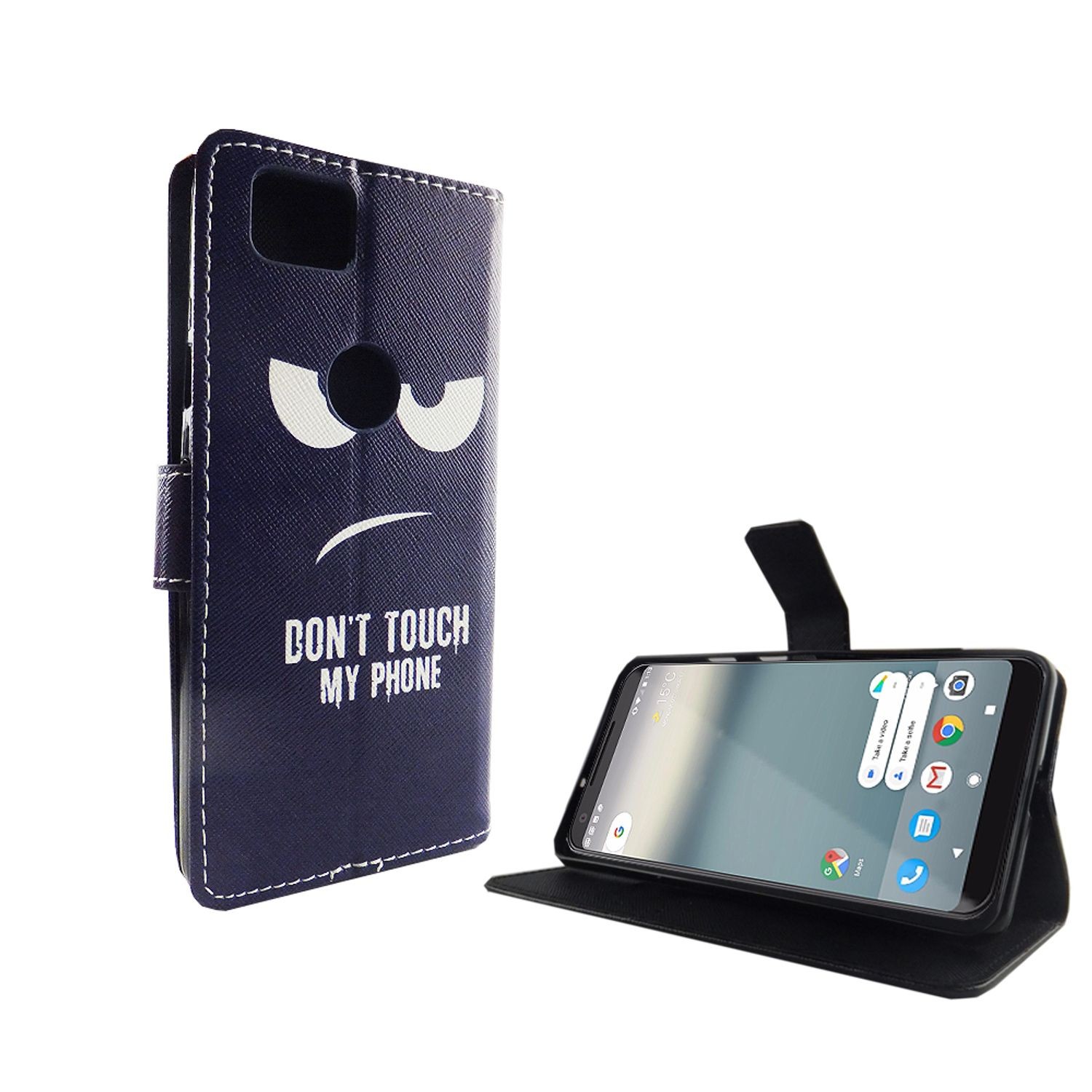 Dunkelblaue Handyhülle mit einem Gesicht, das sagt: „Berühren Sie mein Handy nicht“. Daneben wird ein geöffnetes Handy angezeigt.