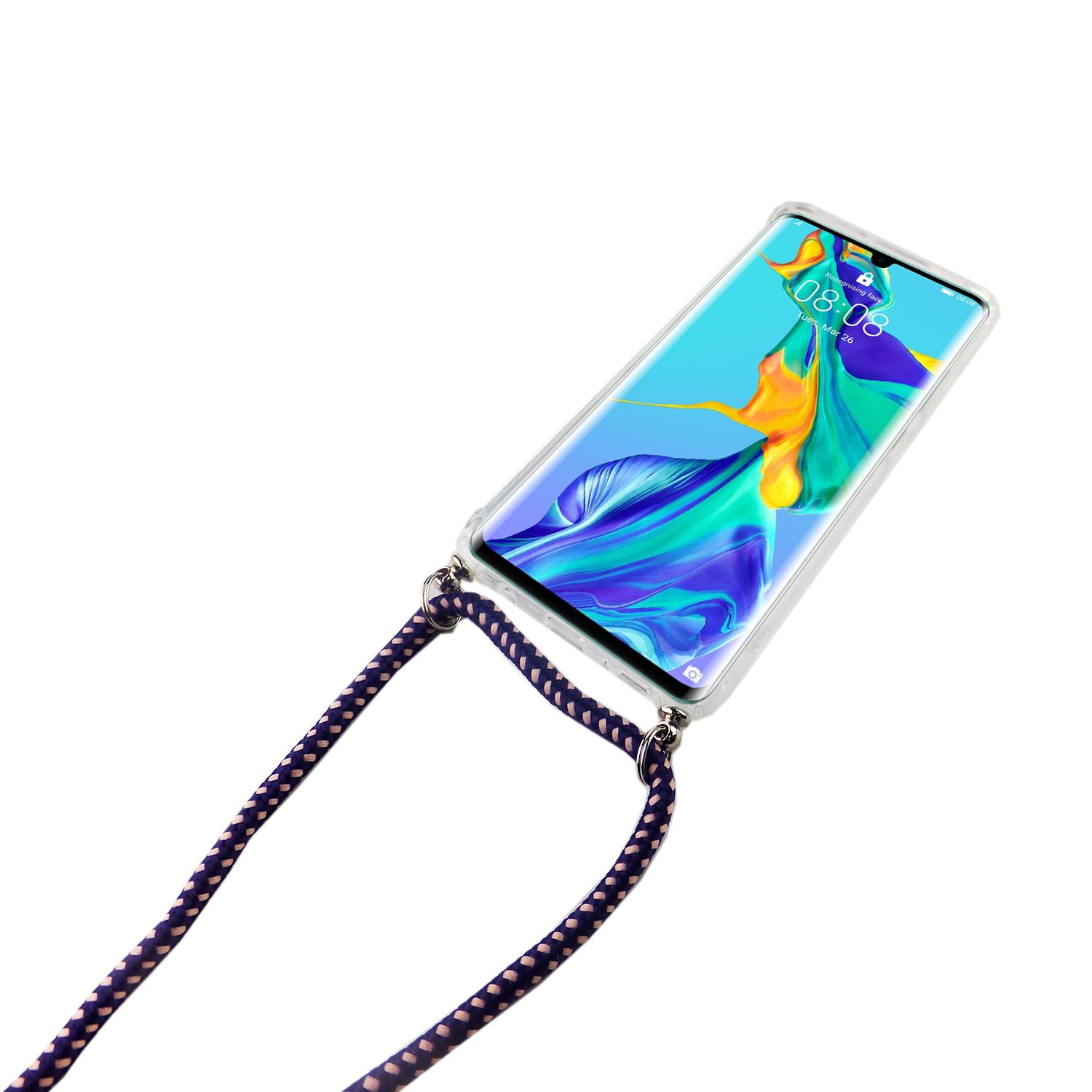 Telefon mit durchsichtiger Hülle und hängendem Riemen. Telefon zeigt Uhrzeit und Datum.