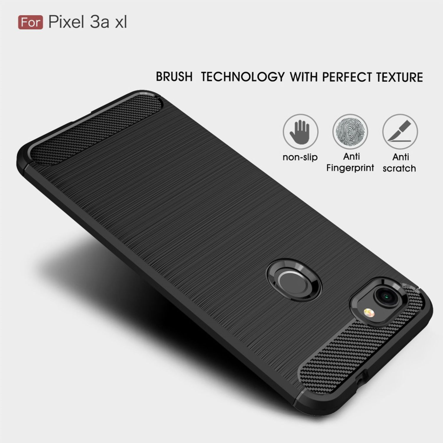 Schwarze Handyhülle mit strukturierter Oberfläche für Pixel 3a xl. Enthält rutschfeste, Anti-Fingerabdruck-Funktionen.