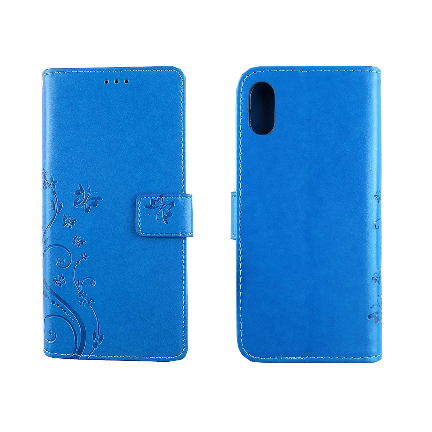 Blaue Handyhülle, geöffnet, zeigt ein Telefon. Mit Blumen verziert. Weißer Hintergrund.