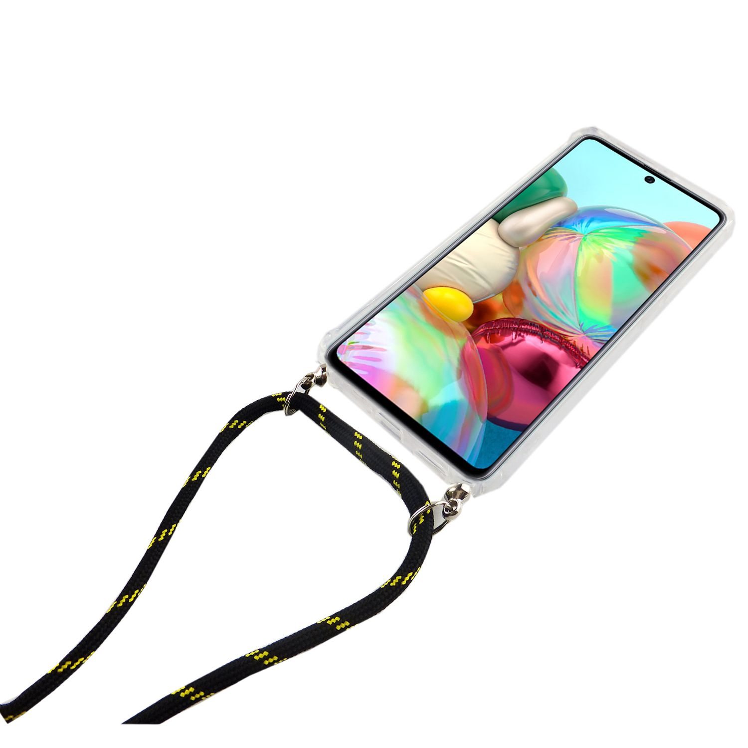 Telefon mit Umhängeband. Telefon hat eine transparente Hülle, schwarzes Umhängeband. Weißer Hintergrund.
