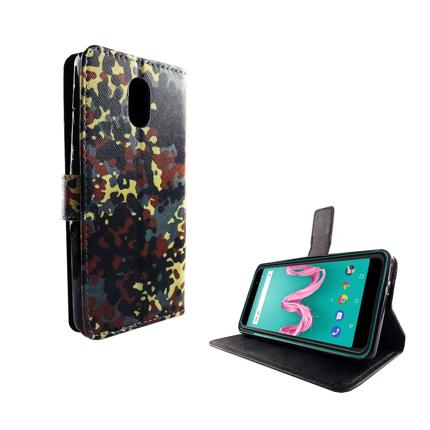 Handyhülle mit gemustertem Design. Das Telefon ist geöffnet, um den Bildschirm zu zeigen.