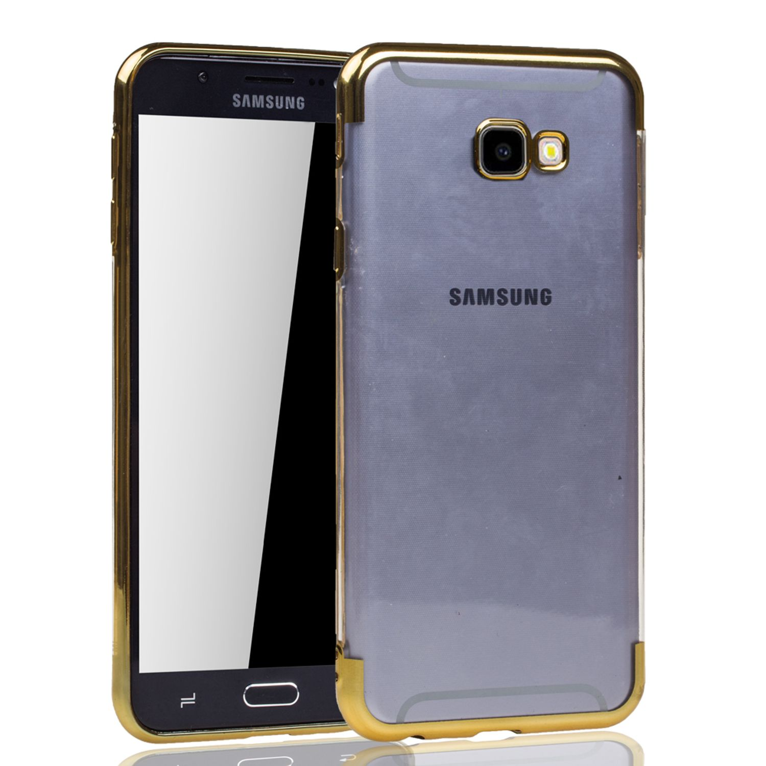 Telefon mit goldener Hülle und Samsung-Logo auf weißem Hintergrund.