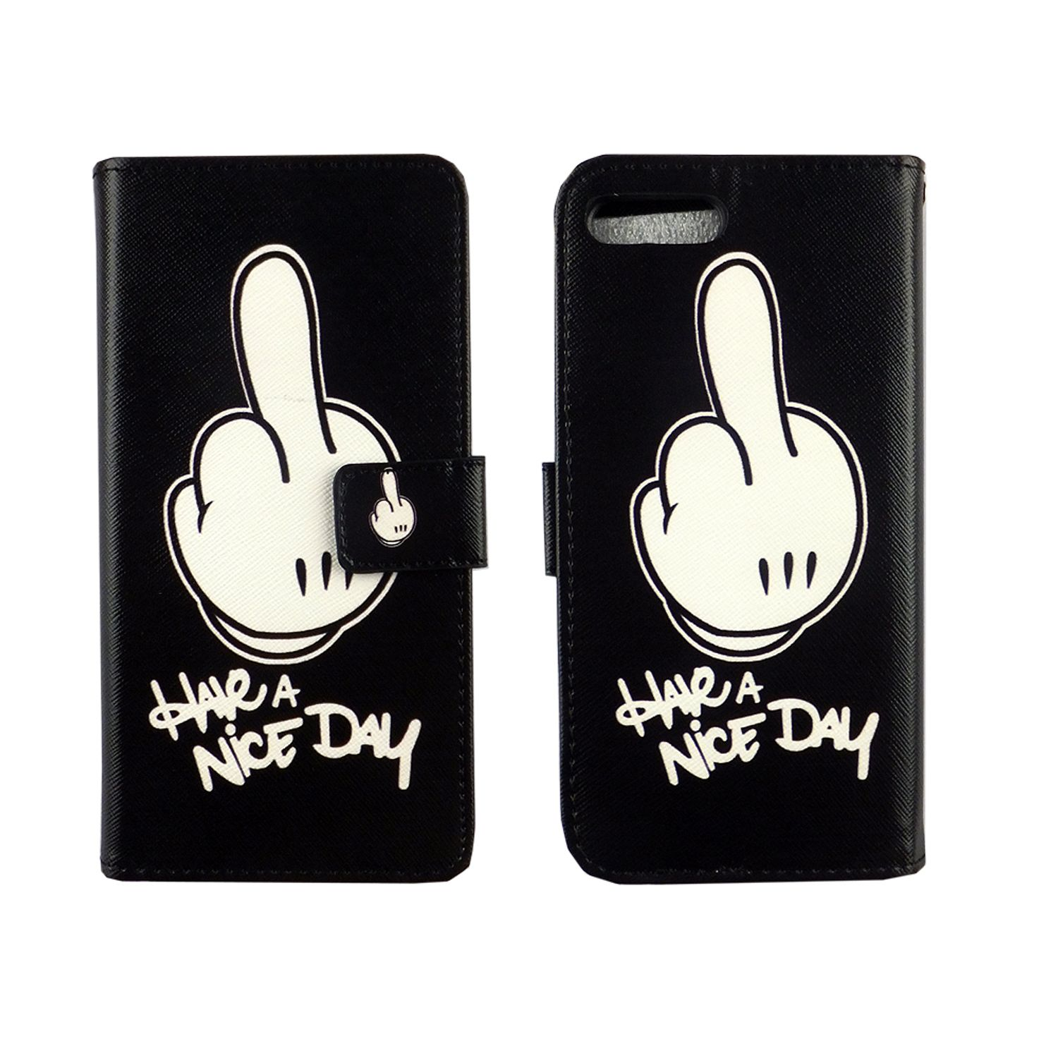 Schwarze Handyhülle mit einer Zeichentrickhand, die den Mittelfinger zeigt, und den Worten "Have a Nice Day".