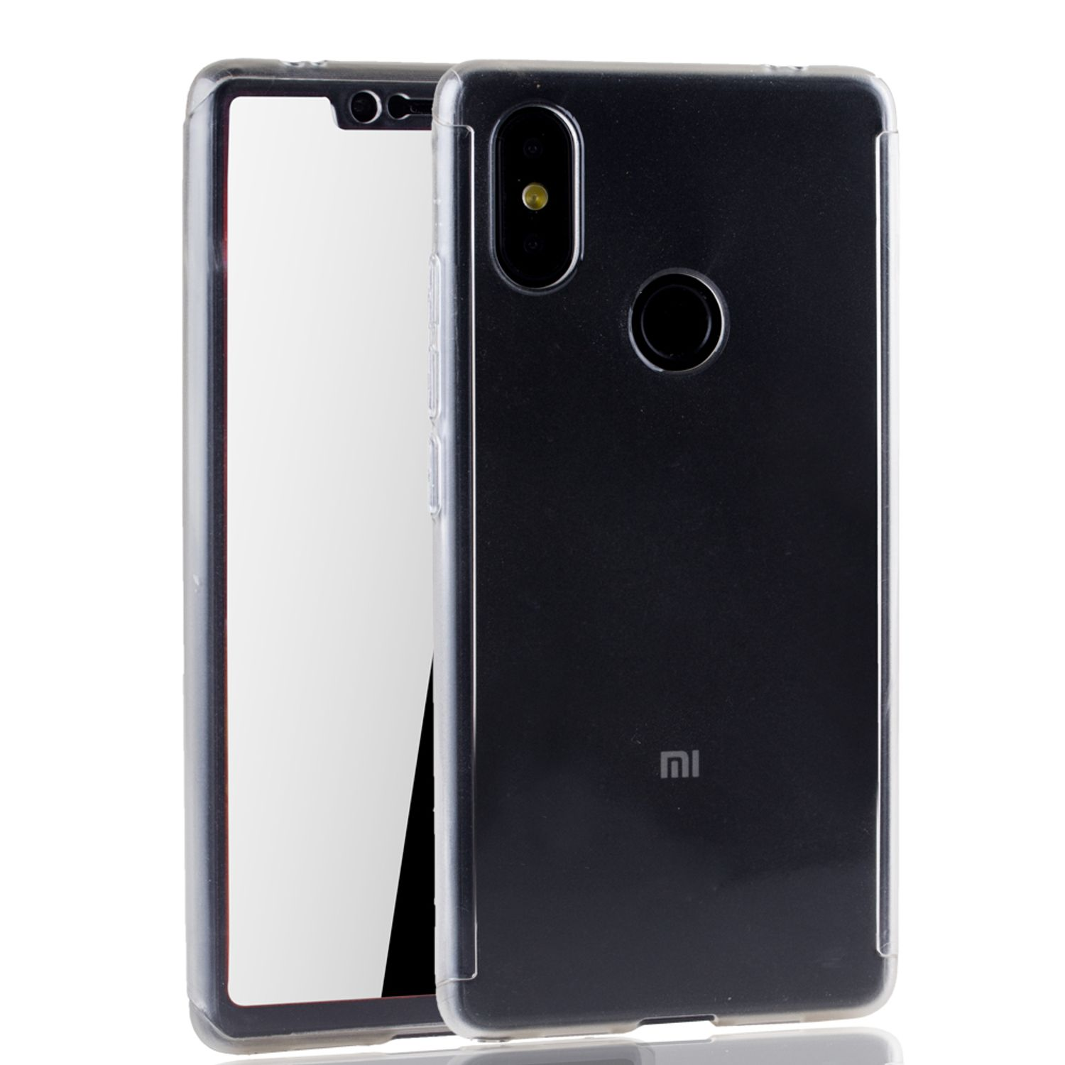 Transparente Handyhülle mit schwarzem Telefon darin. Weißer Hintergrund.