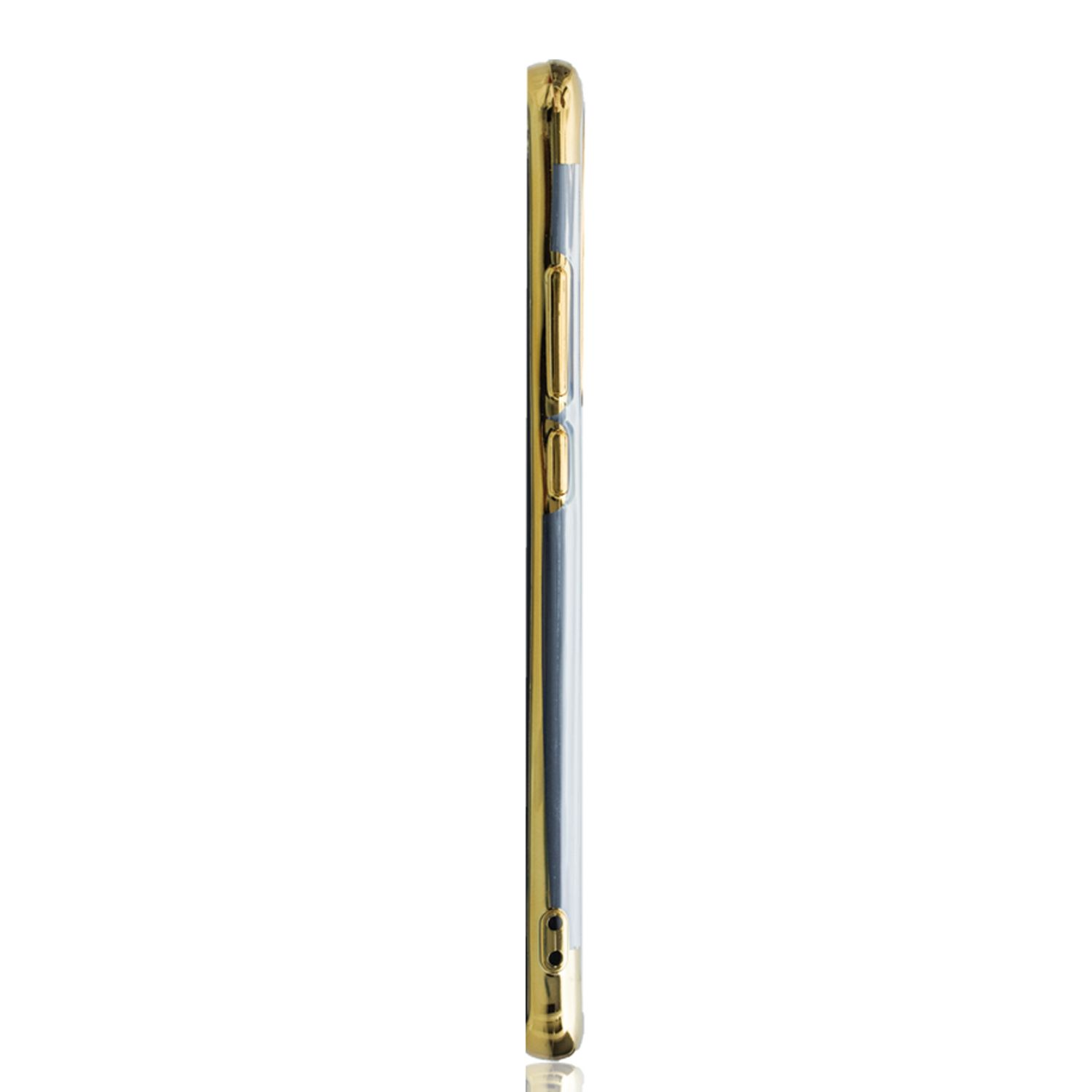 Seitenansicht eines Telefons, goldfarben und transparente Hülle, auf Weiß stehend.