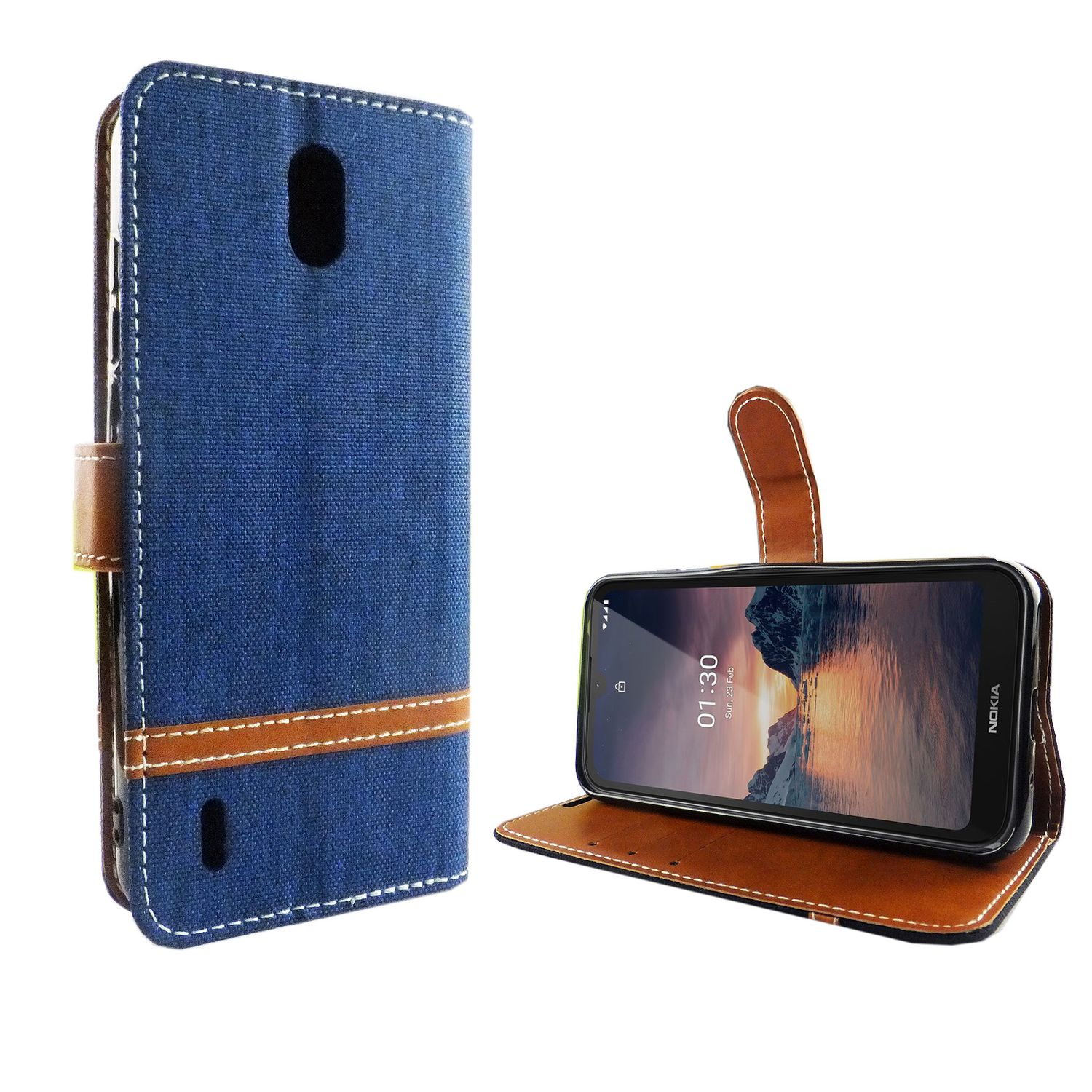 Blaue Handyhülle mit braunen Akzenten, ein Telefon darin und weißer Hintergrund.