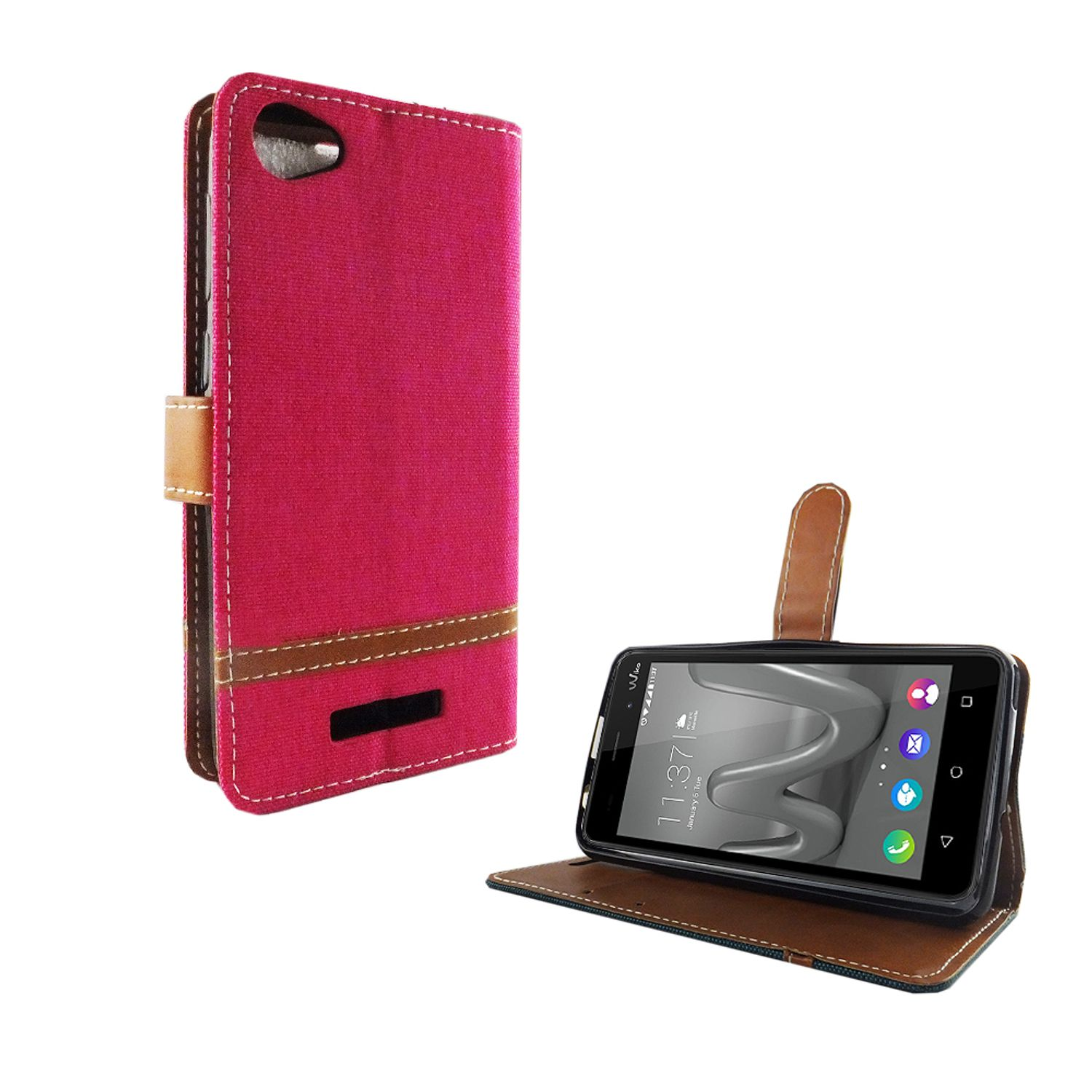 Rosafarbene Handyhülle mit braunen Akzenten, die ein Telefon mit Benutzeroberfläche hält.