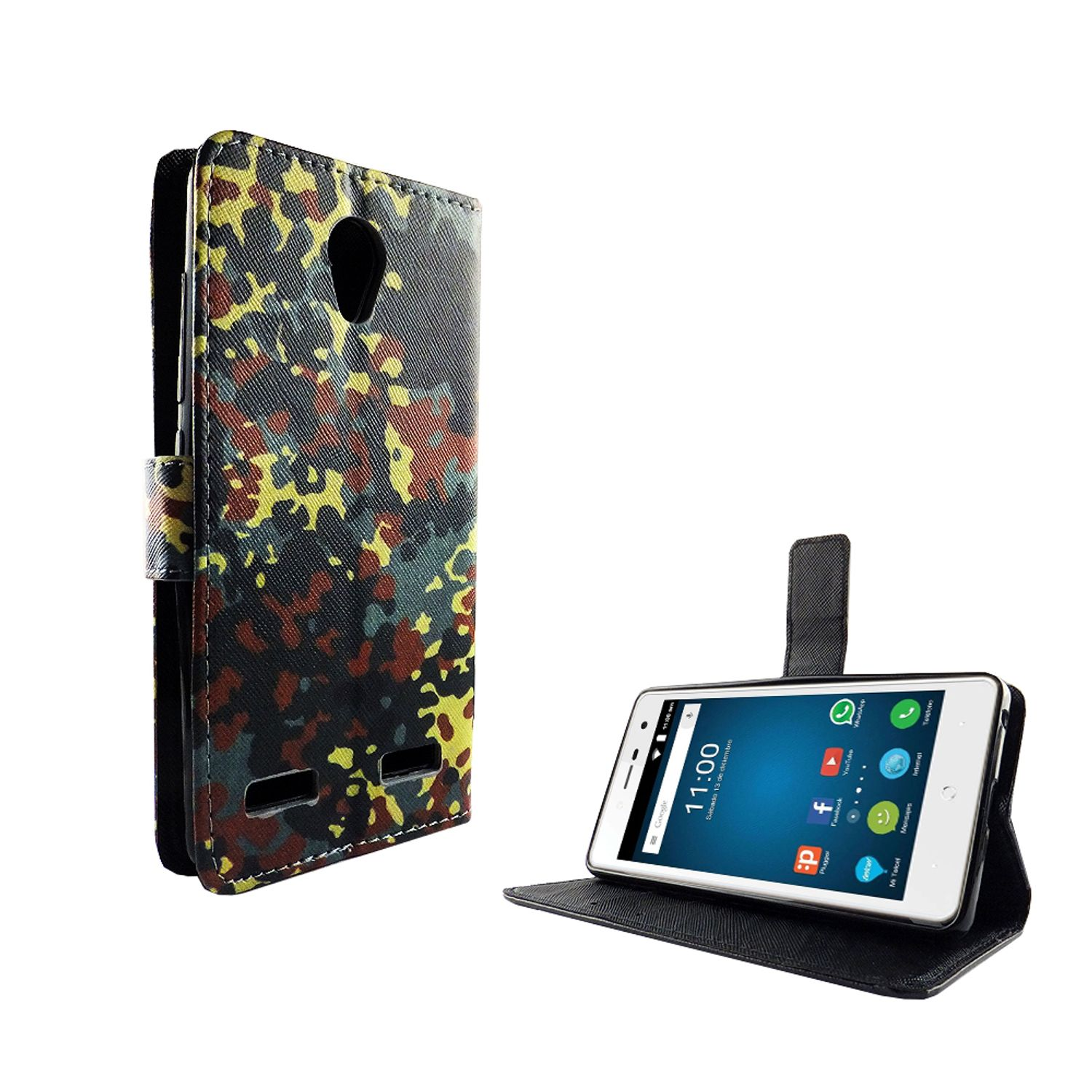 Handyhülle mit Tarnmuster mit Telefon, das einen Bildschirm mit Symbolen anzeigt.