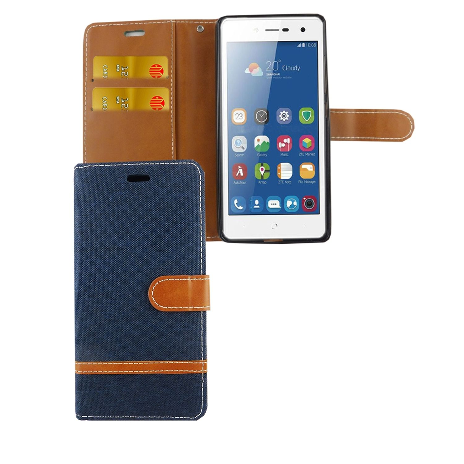 Ein Telefon in einer Hülle, geöffnet, zeigt Bildschirm und Karten.