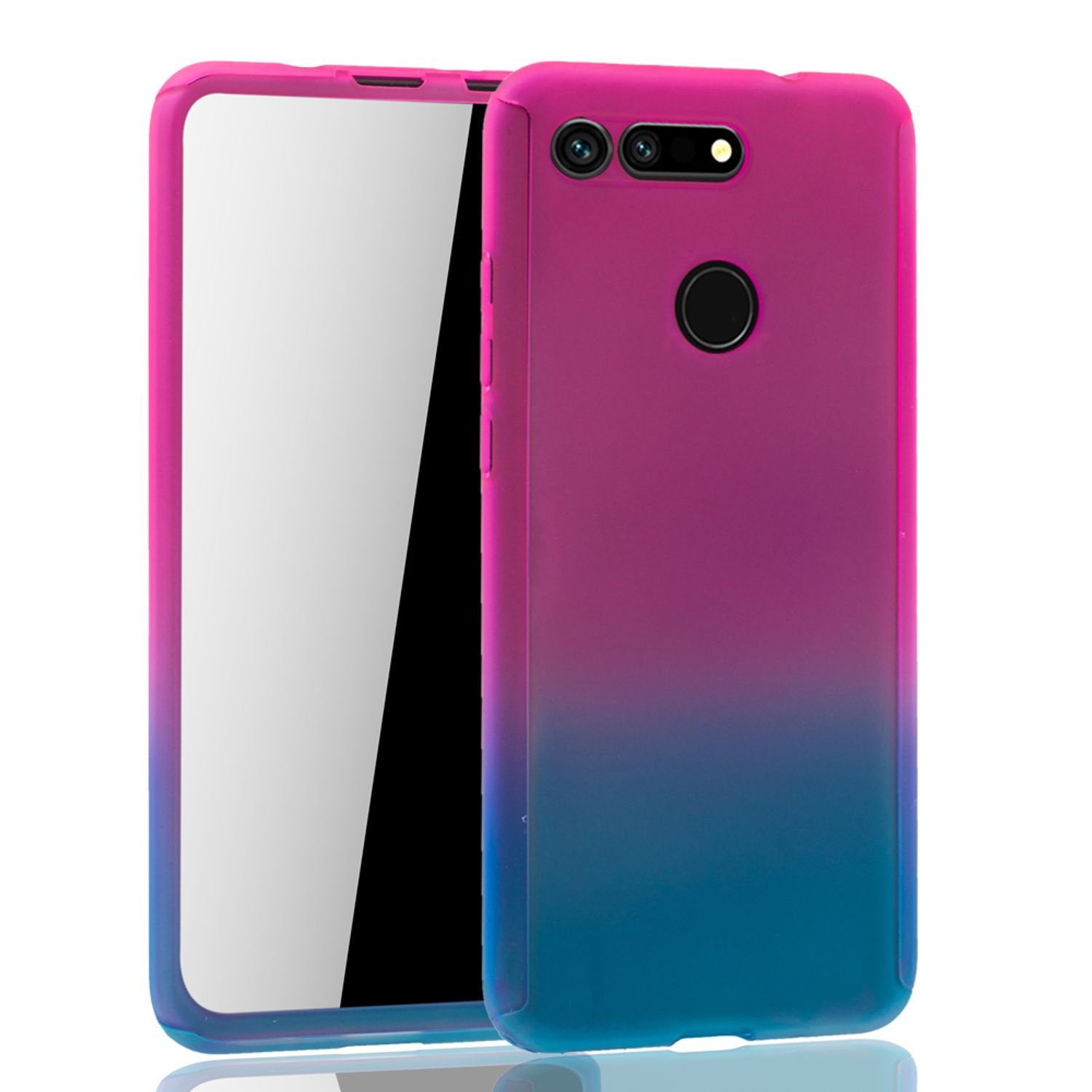 Pink-blau verlaufende Handyhülle. Telefonbildschirm ist sichtbar. Weißer Hintergrund. Duale Kamera und Knöpfe.
