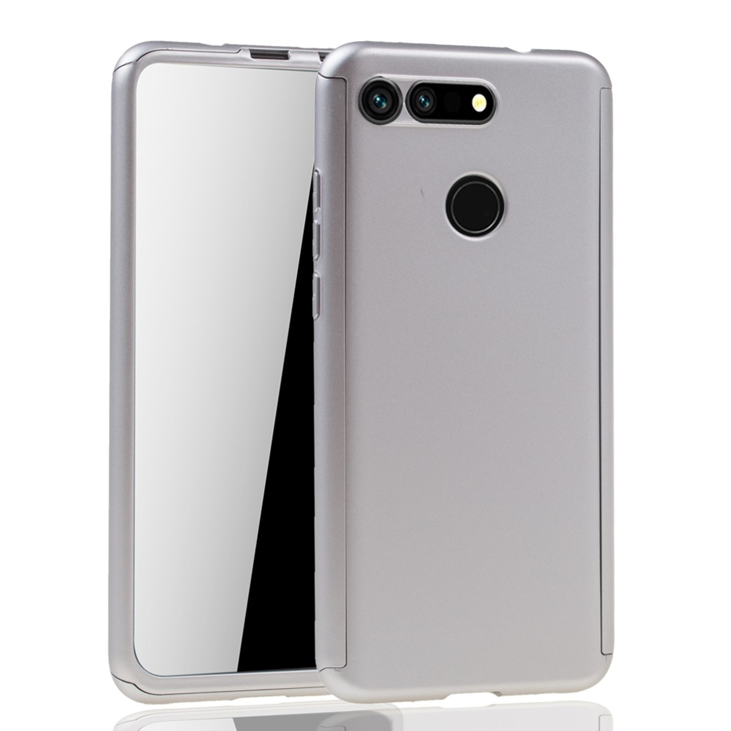 Silberne Handyhülle mit Kamera und einem Handy, das den Bildschirm spiegelt.