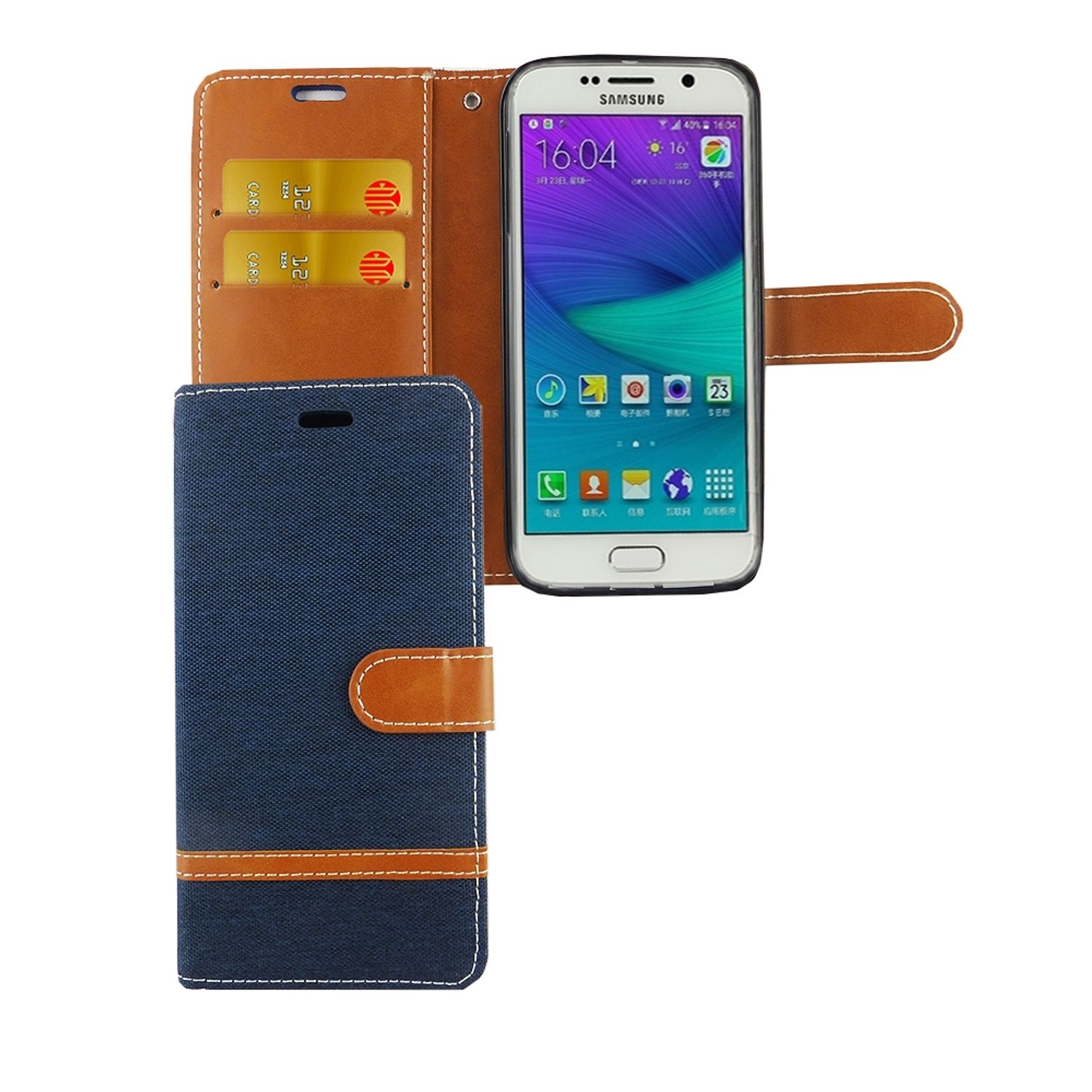 Blau-braune Handyhülle geöffnet mit Telefon, das den Bildschirm zeigt.