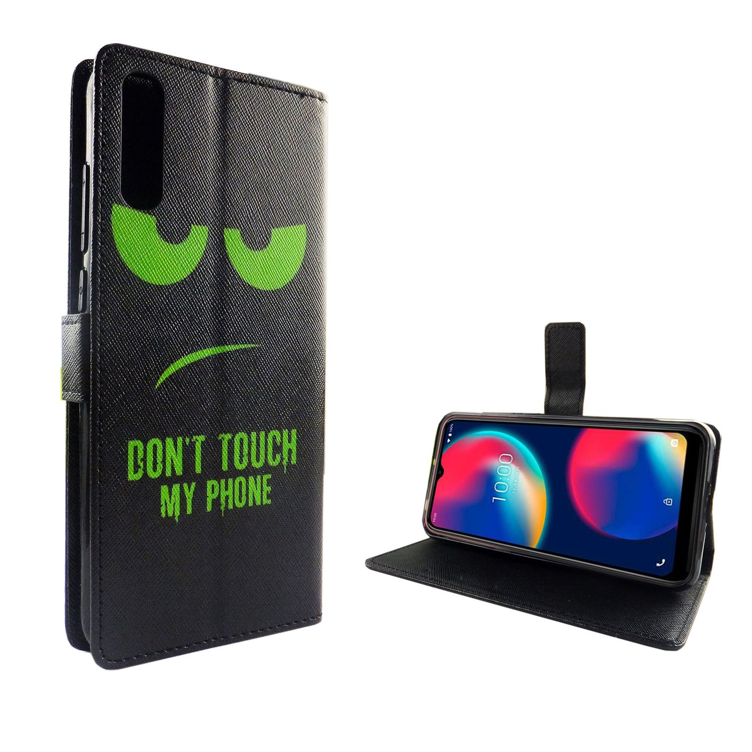 Schwarze Handyhülle mit grünem Text 'DON'T TOUCH MY PHONE'. Ein Telefon mit farbigem Bildschirm ist drin.