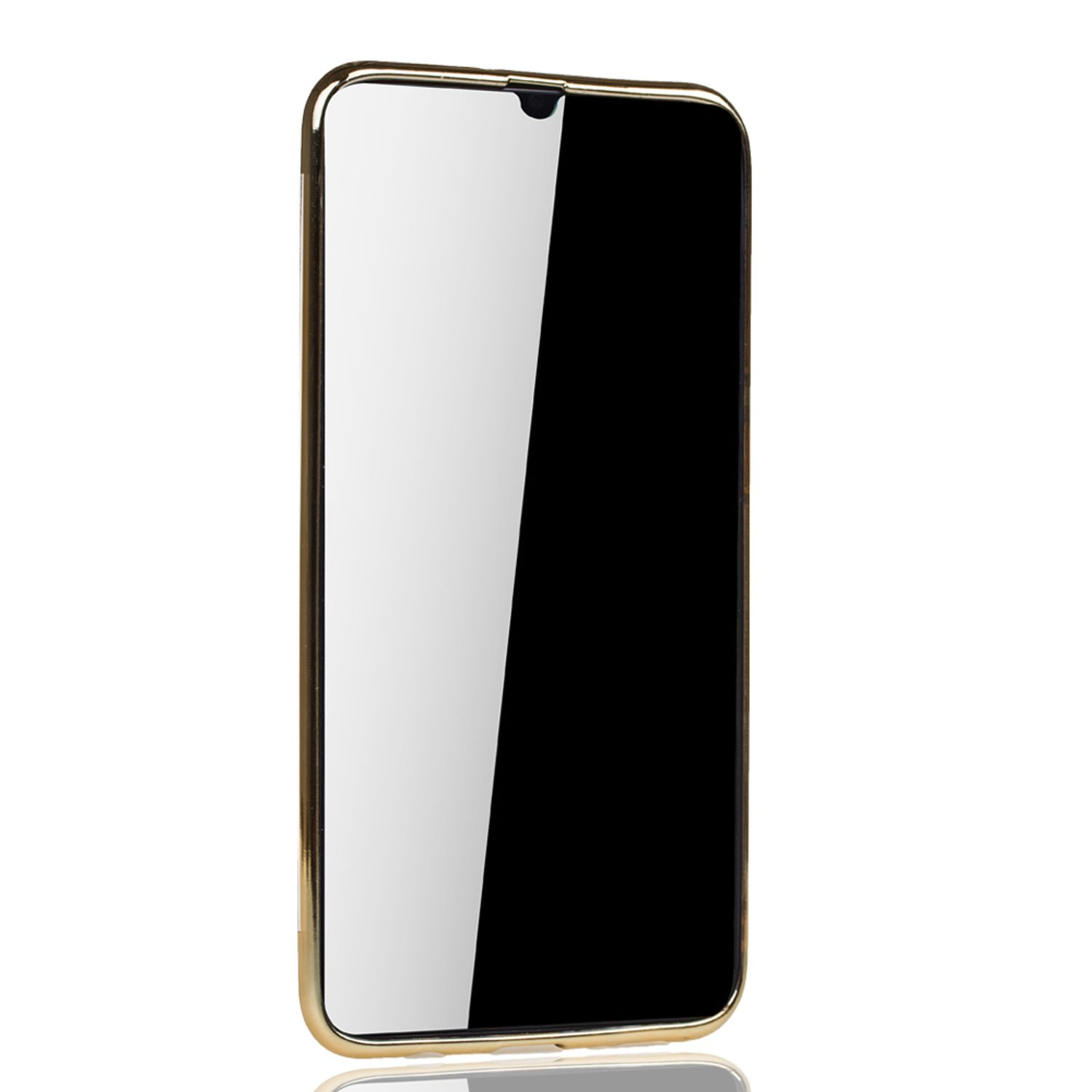Goldener Telefonrahmen. Im Inneren befindet sich ein Telefon mit schwarzem Bildschirm und klarer Schutzfolie.