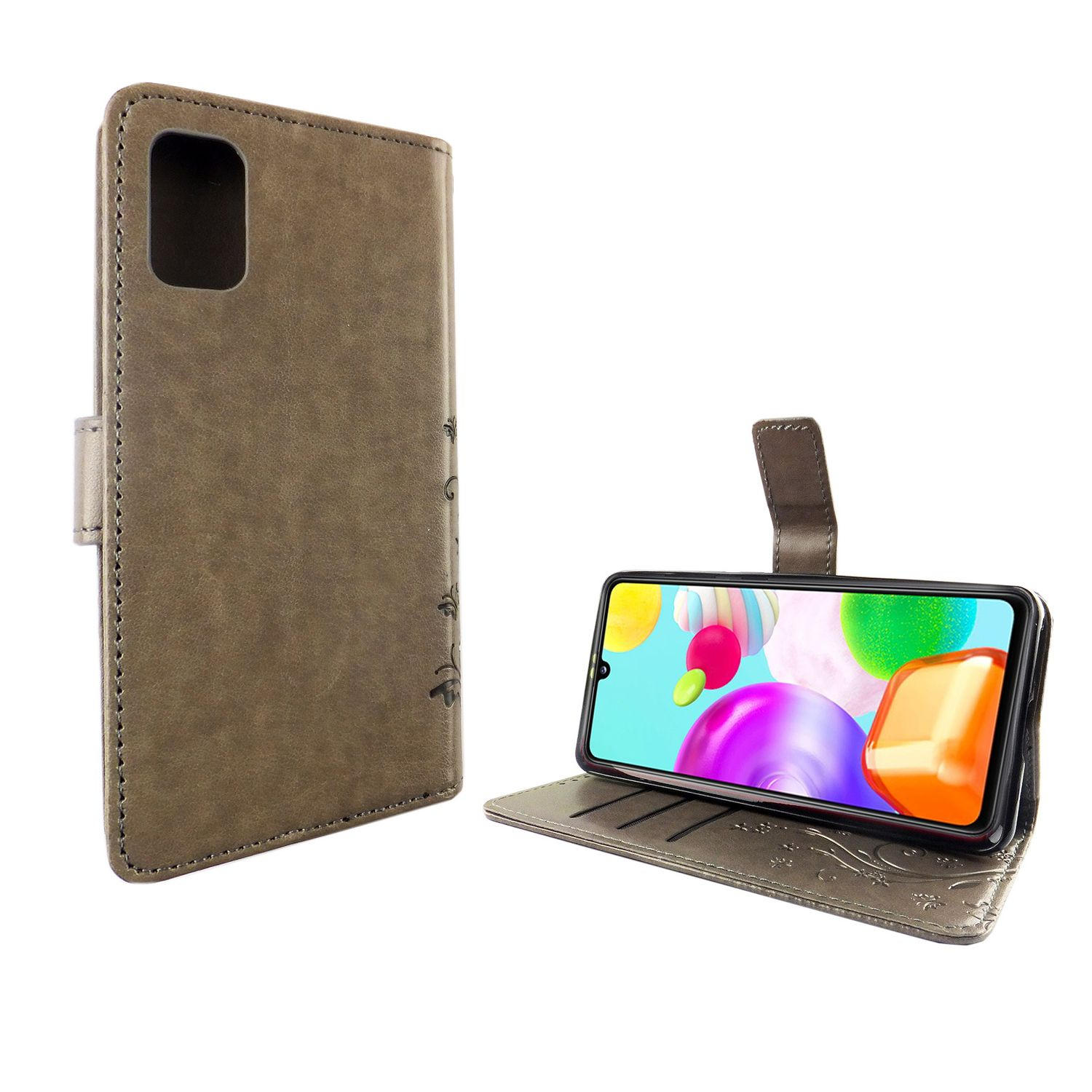 Olivgrüne Handyhülle mit einem Telefon darin. Das Telefon ist geöffnet und zeigt einen farbenfrohen Bildschirm.