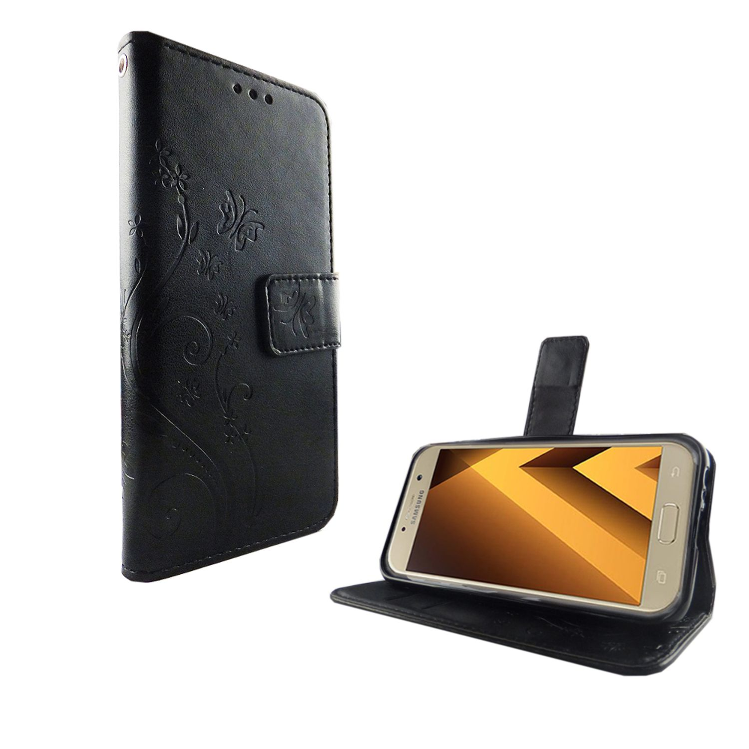 Schwarze Handyhülle mit Blumendesign, Telefon darin. Weißer Hintergrund.