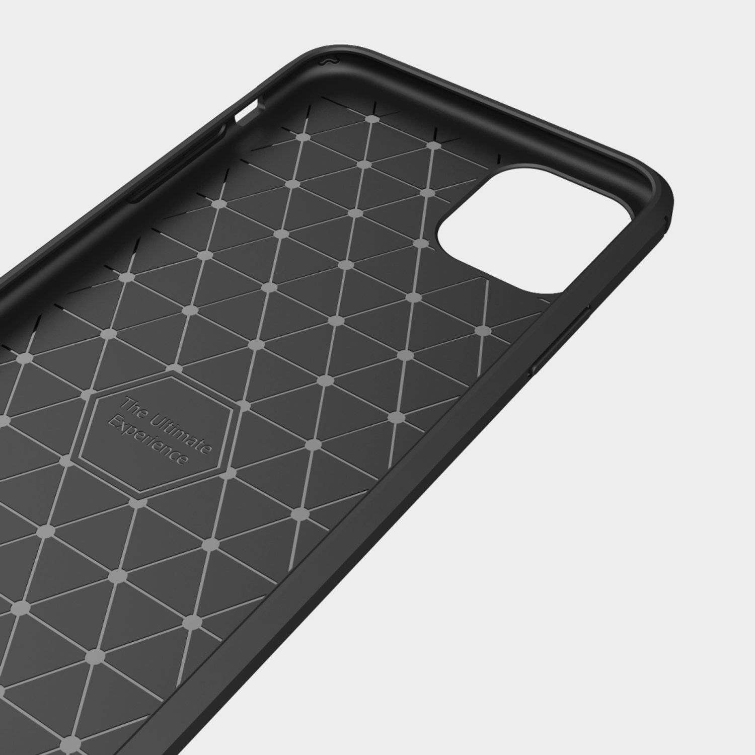 Schwarze Handyhüllen-Innenseite mit geometrischem Muster. Der Text "The Ultimate Experience" ist sichtbar.