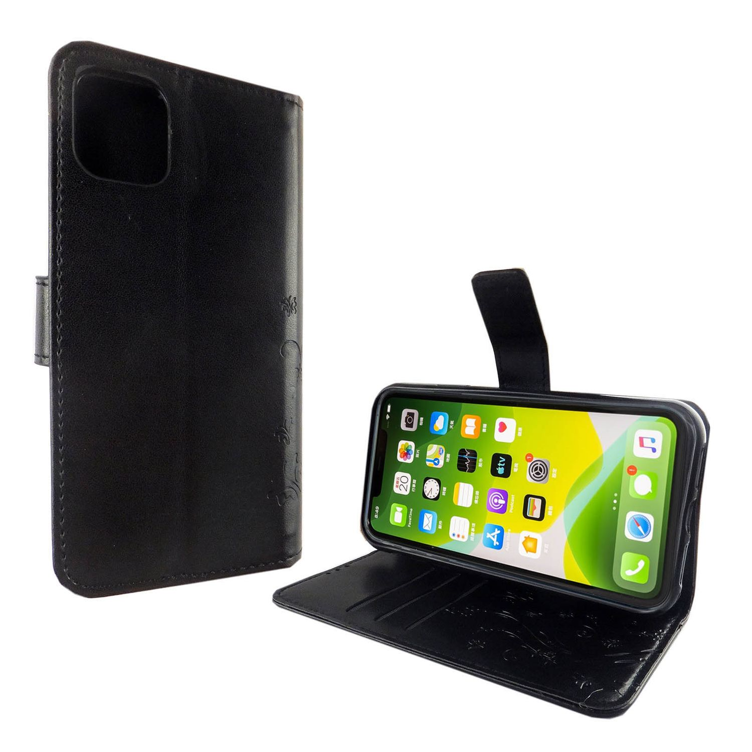 Schwarze Handyhülle mit einem Telefon, das einen bunten Bildschirm zeigt.