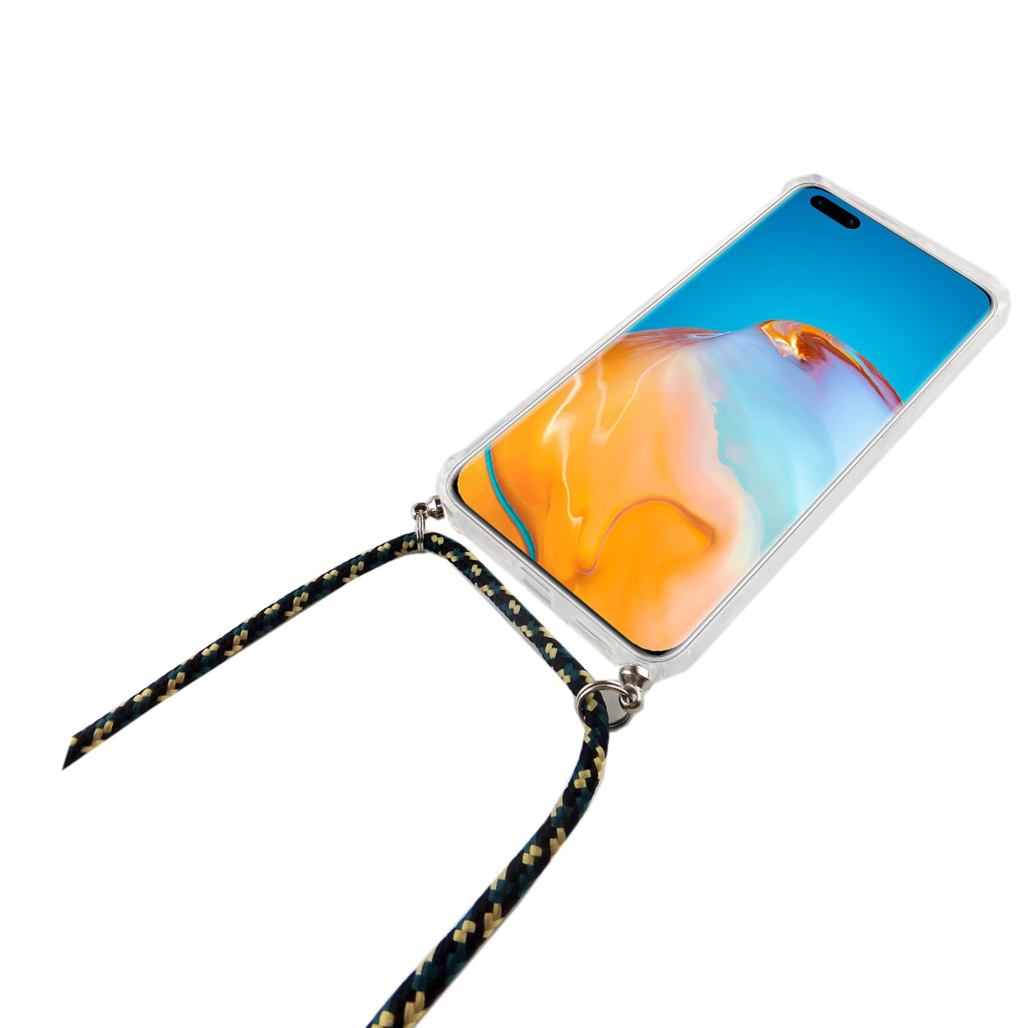Transparente Handyhülle mit Riemen und Telefon darin. Weißer Hintergrund.