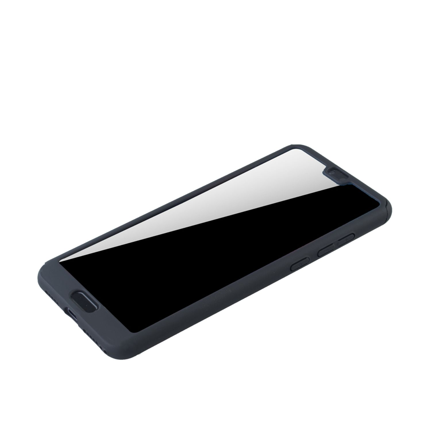 Dunkelblaue Handyhülle mit Telefon darin. Das Telefon ist vertikal. Weißer Hintergrund.