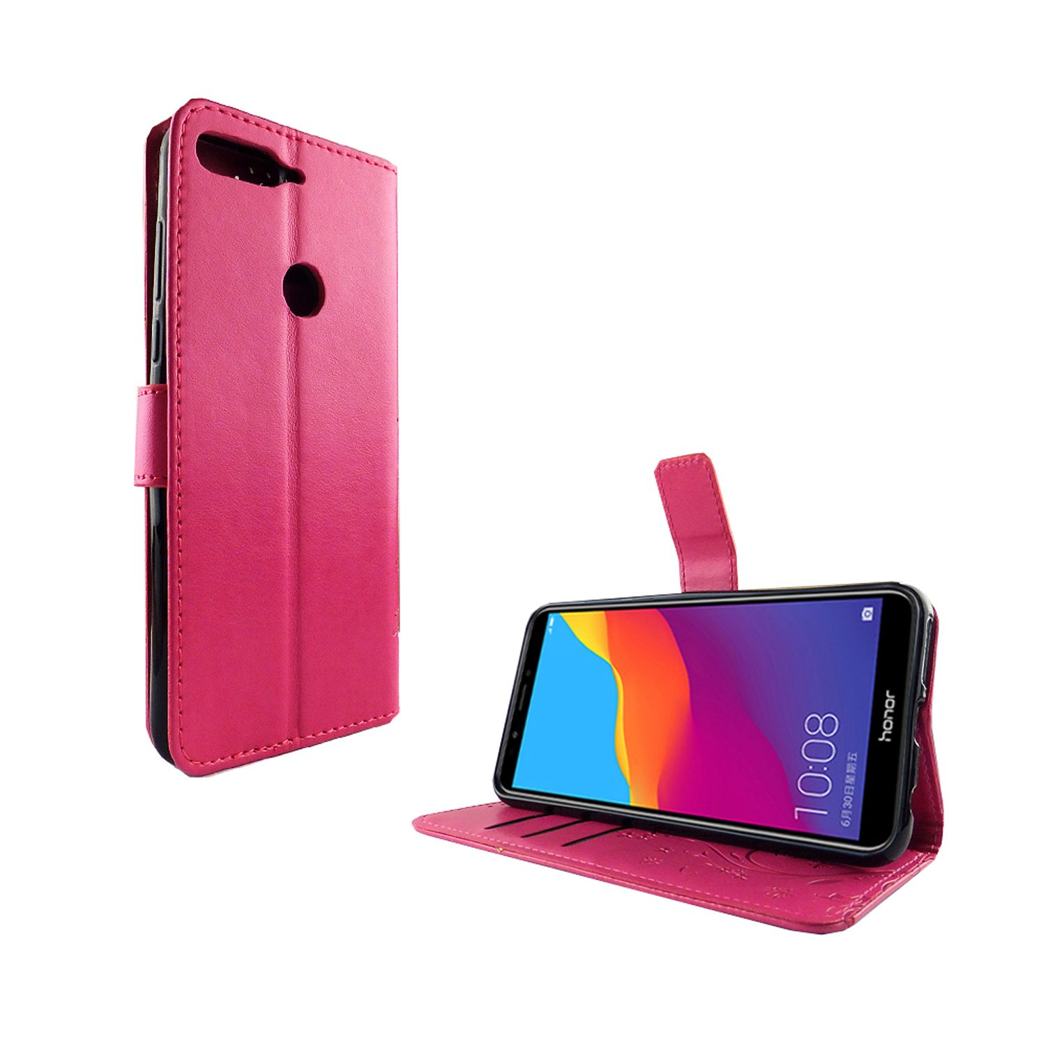 Pinke Handyhülle geöffnet mit Telefon. Telefon zeigt Uhrzeit. Weißer Hintergrund.
