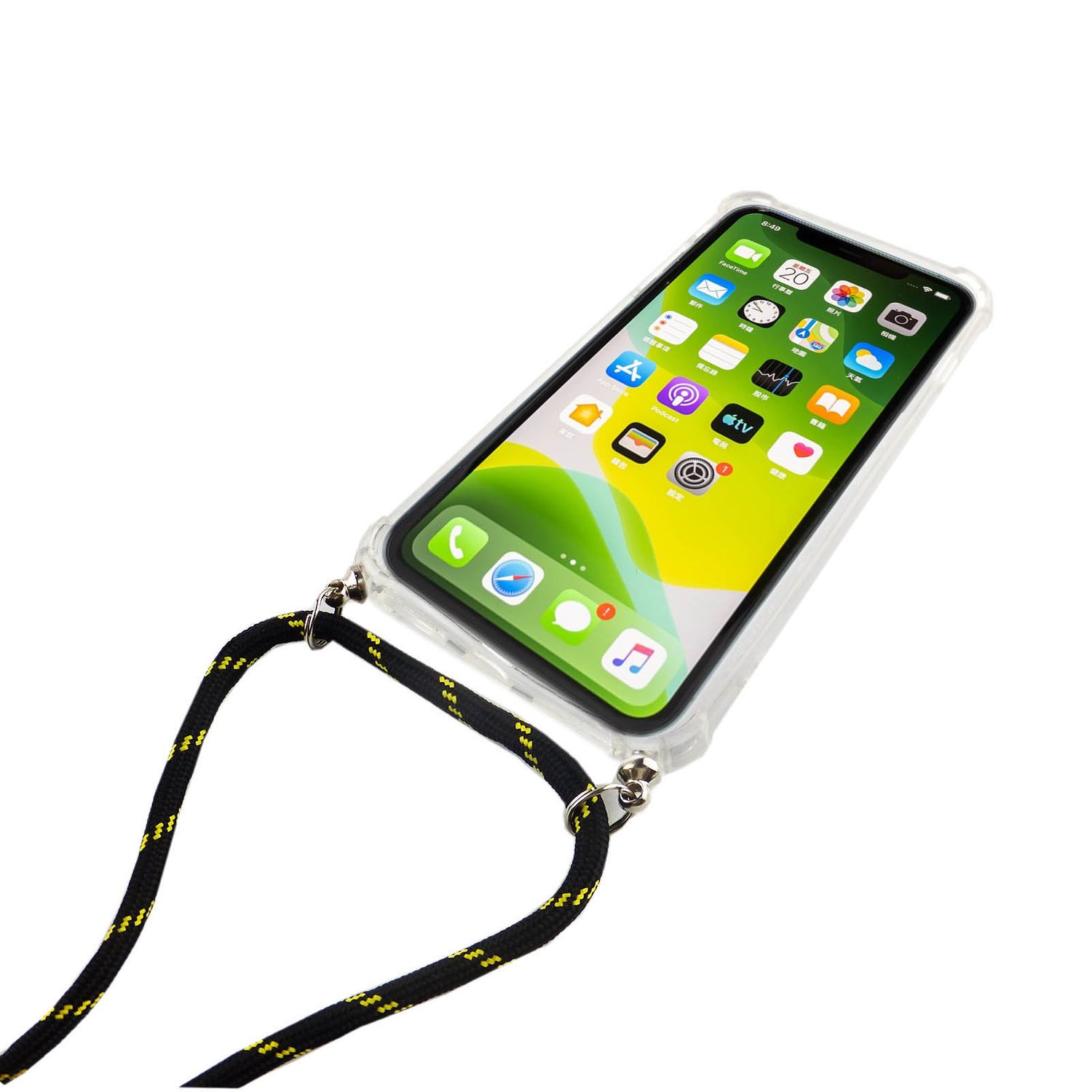 Telefon in transparenter Hülle mit Trageband. Zeigt Apps auf dem Bildschirm. Weißer Hintergrund.