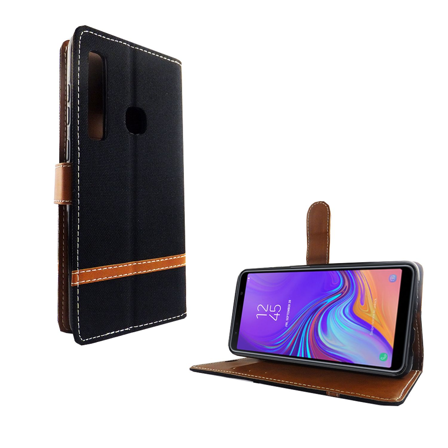 Schwarze Handyhülle mit braunen Akzenten, ein geöffnetes Telefon mit buntem Bildschirm.