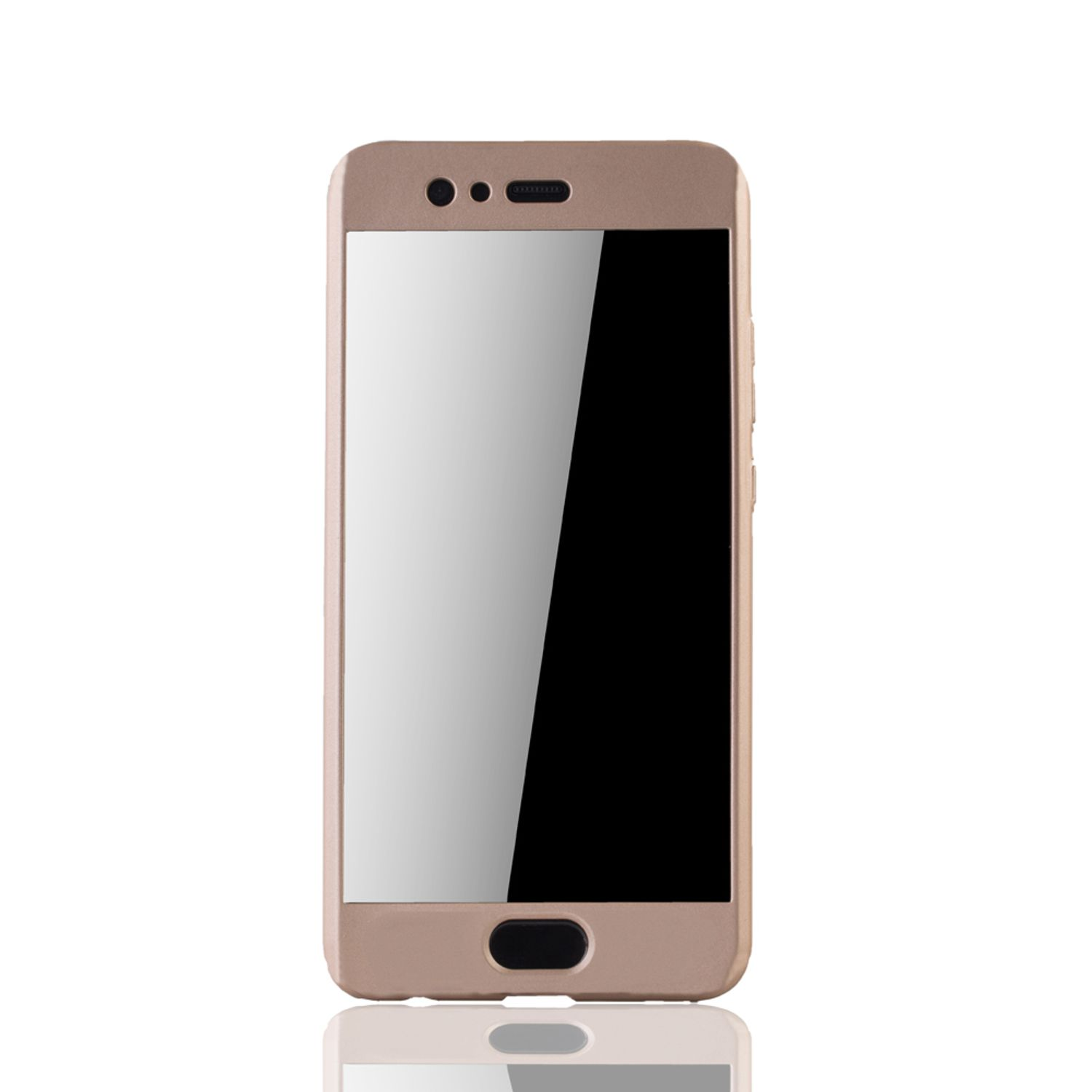 Eine goldene Smartphone-Hülle mit schwarzem Bildschirm liegt auf weißem Untergrund. Ihre Reflexion ist sichtbar.