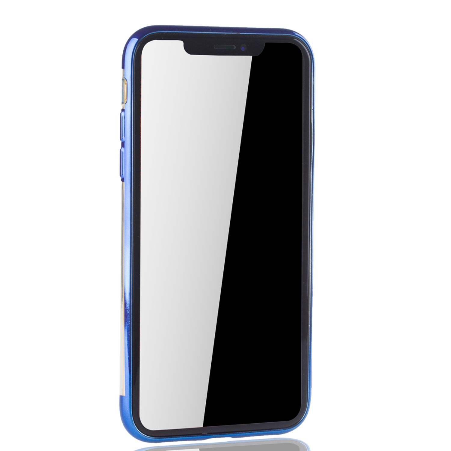 Ein Telefon mit blauem Rahmen und schwarzem Bildschirm.