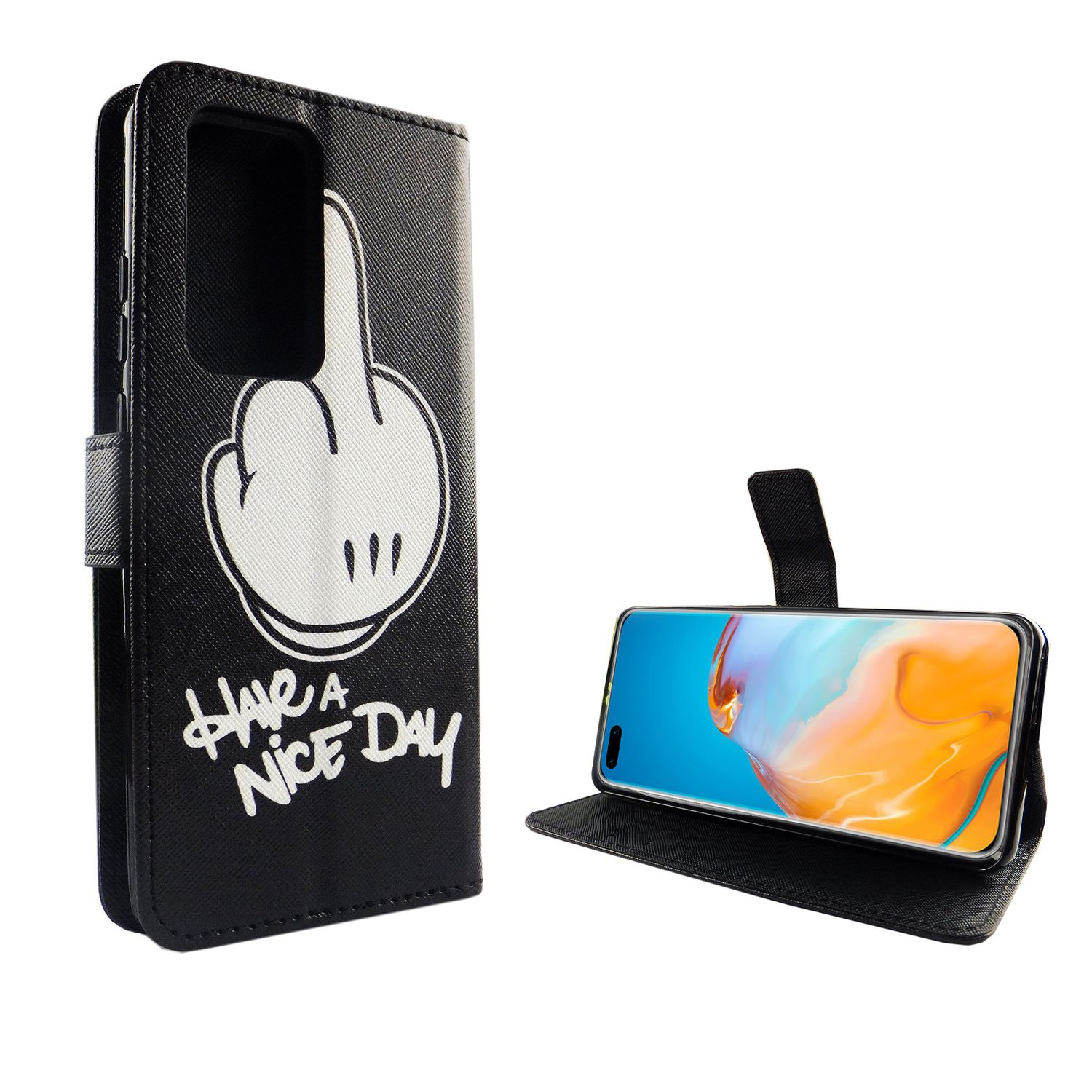 Schwarze Handyhülle mit Mickey Mouse Handgeste. Text: Have a nice day.