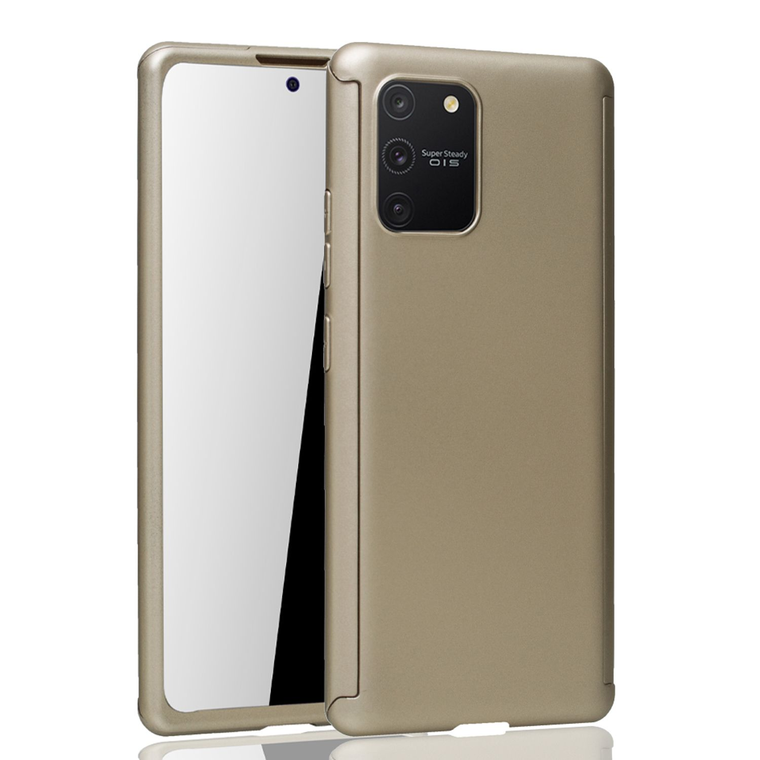 Eine goldene Handyhülle mit einem Telefon darin.