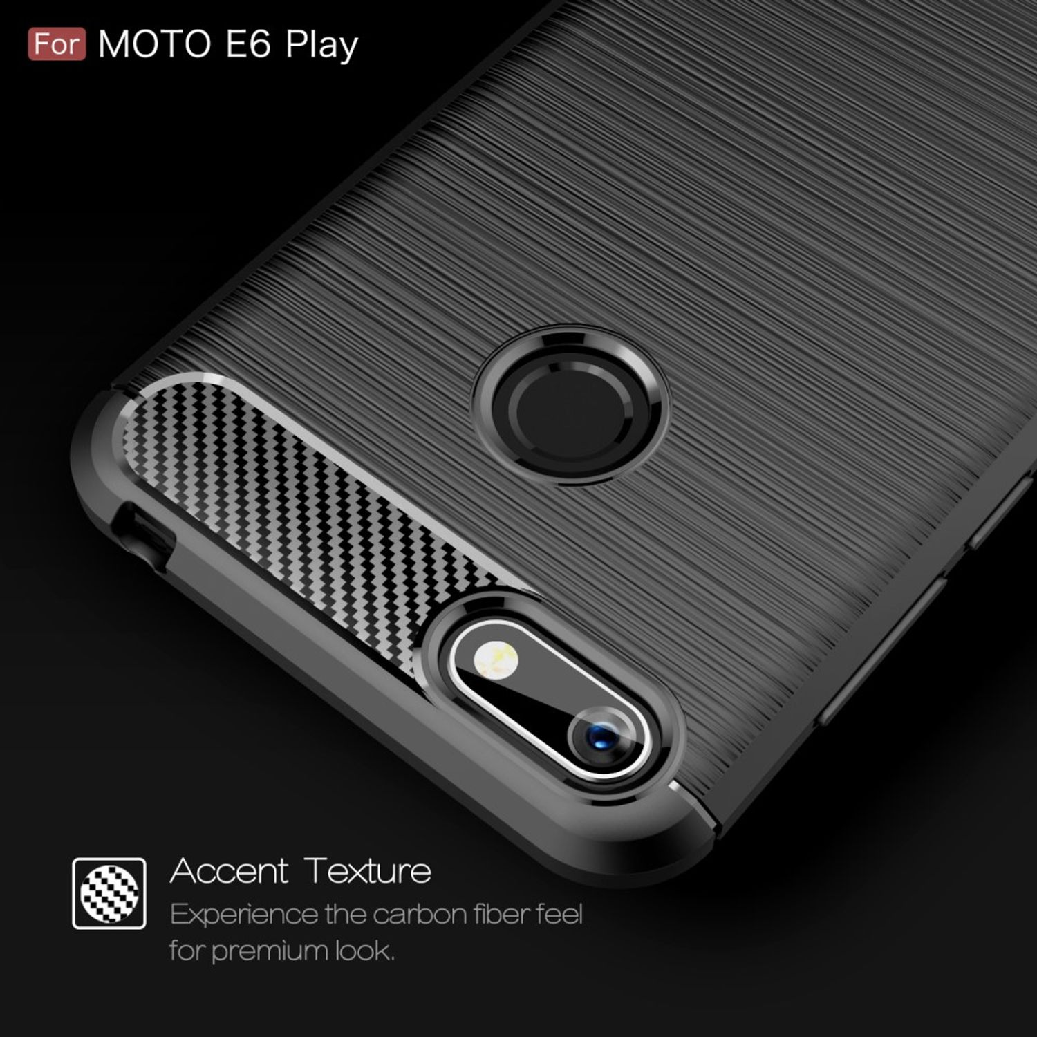 Schwarze Handyhülle mit Carbonfaser-Akzent. Gekennzeichnet für Moto E6 Play. Akzenttextur gezeigt.