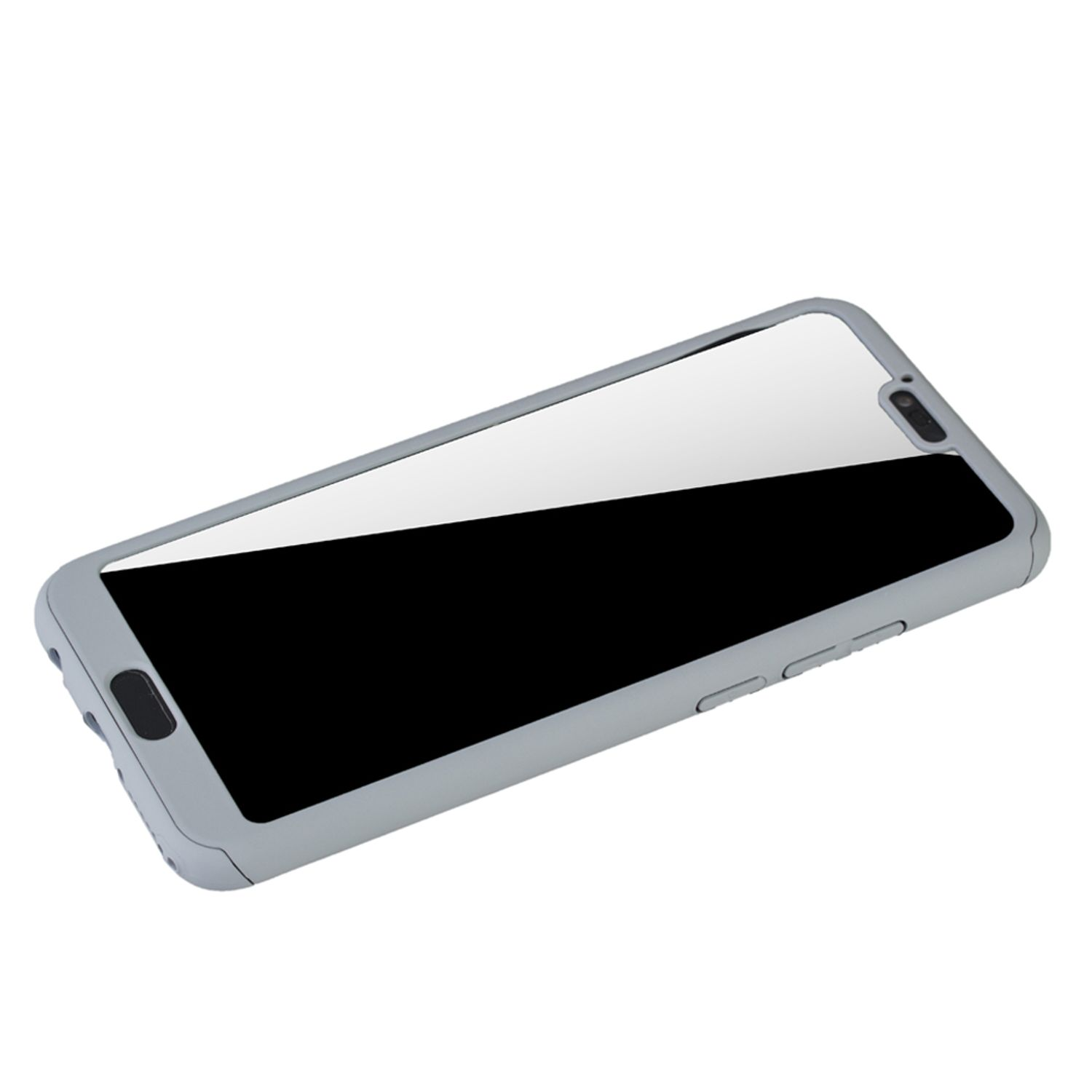 Graue Handyhülle mit Telefon. Weißer Hintergrund. Das Telefon ist drin.