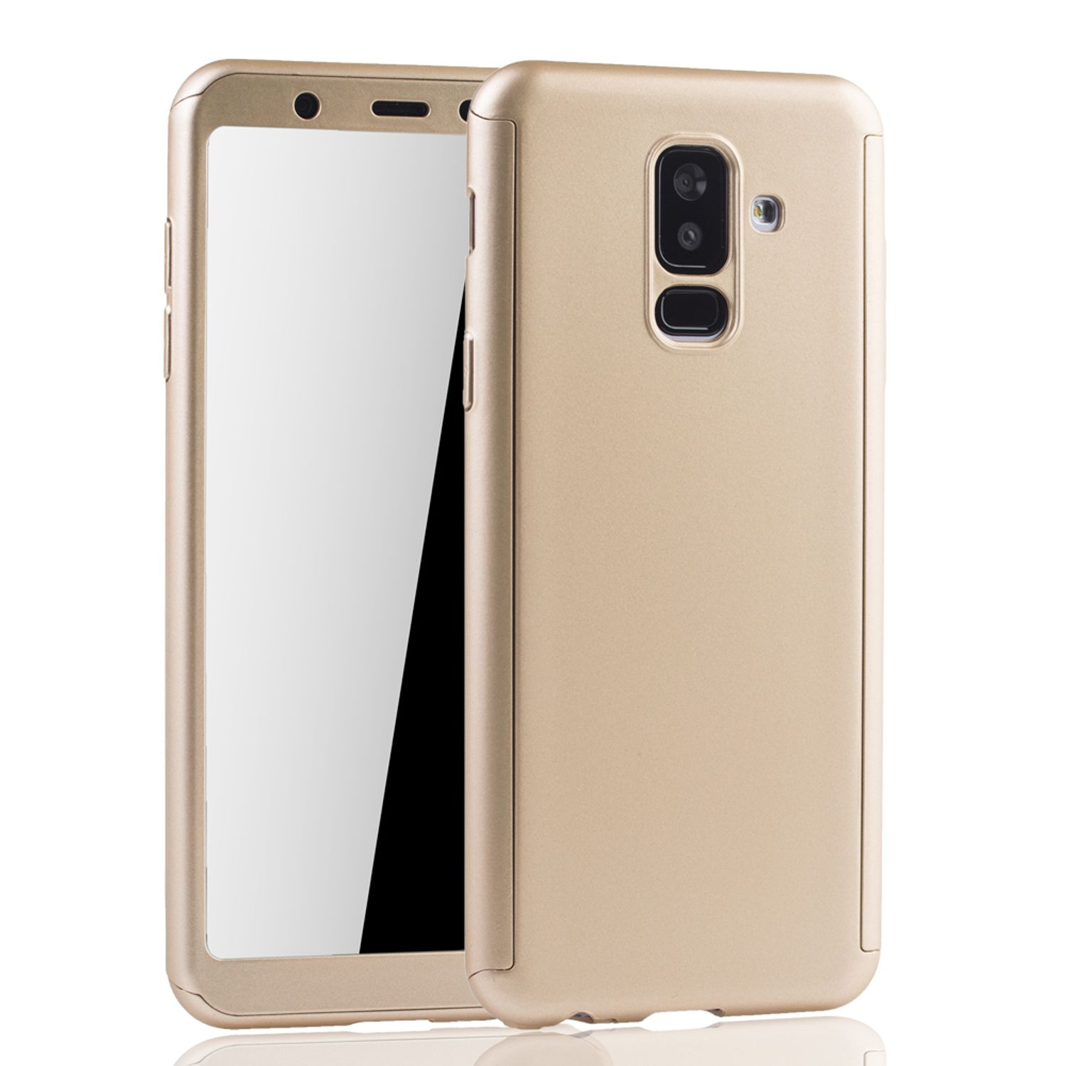 Goldene Handyhülle mit Bildschirm. Telefon ist drin. Weißer Hintergrund. Goldener Rahmen.