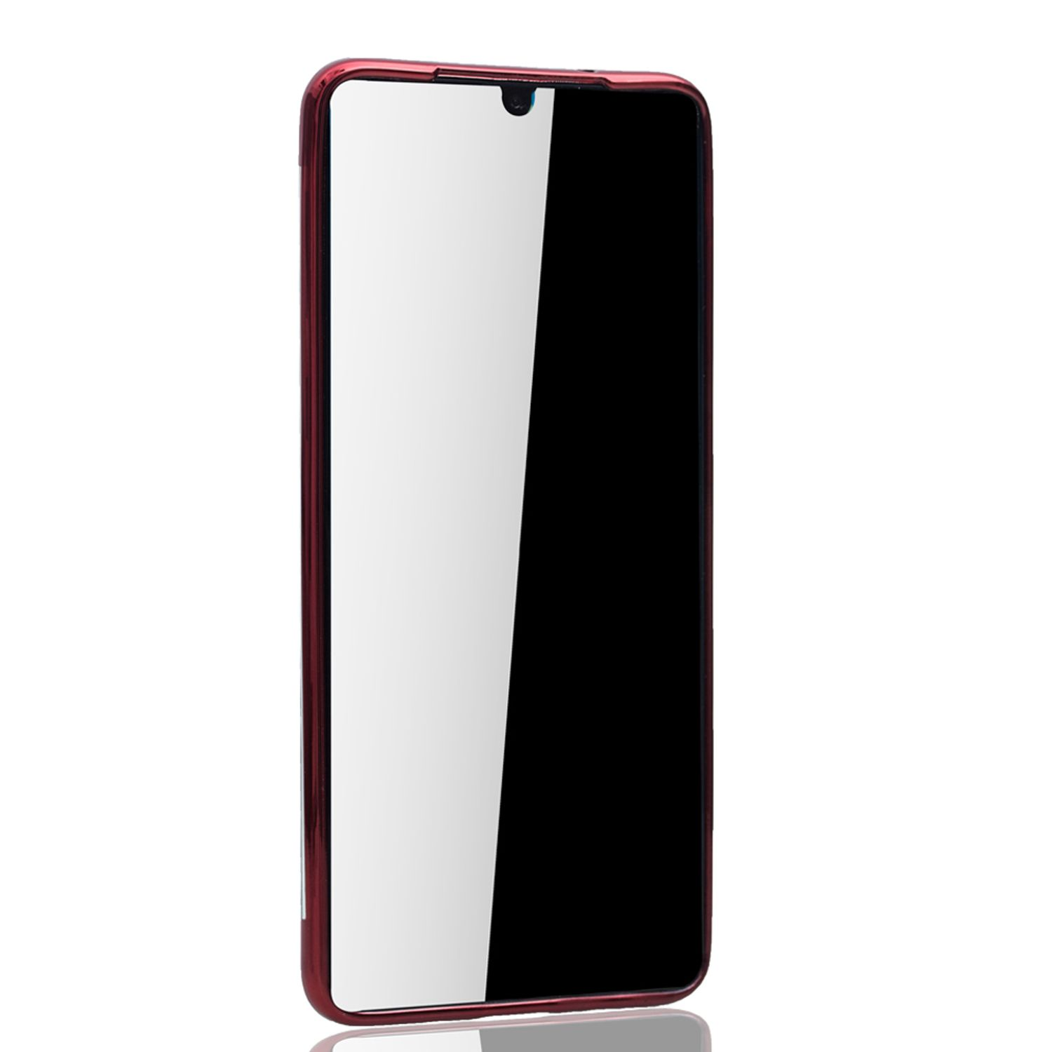 Telefon in roter Hülle. Der Bildschirm ist eingeschaltet und hat ein weißes und schwarzes Bild.
