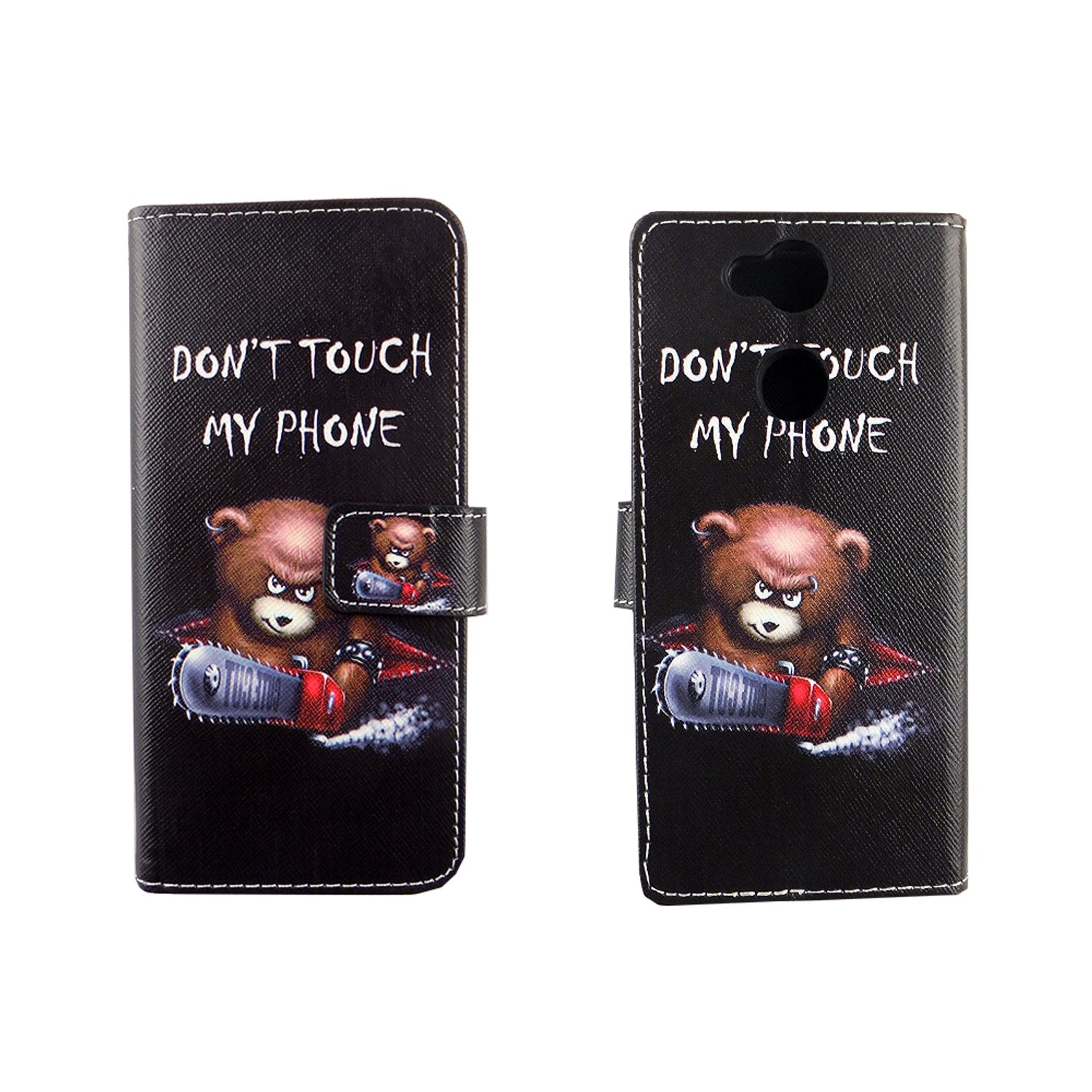 Schwarze Handyhülle mit einem Bären, der eine Kettensäge hält, und dem Text 'Don't Touch My Phone'.