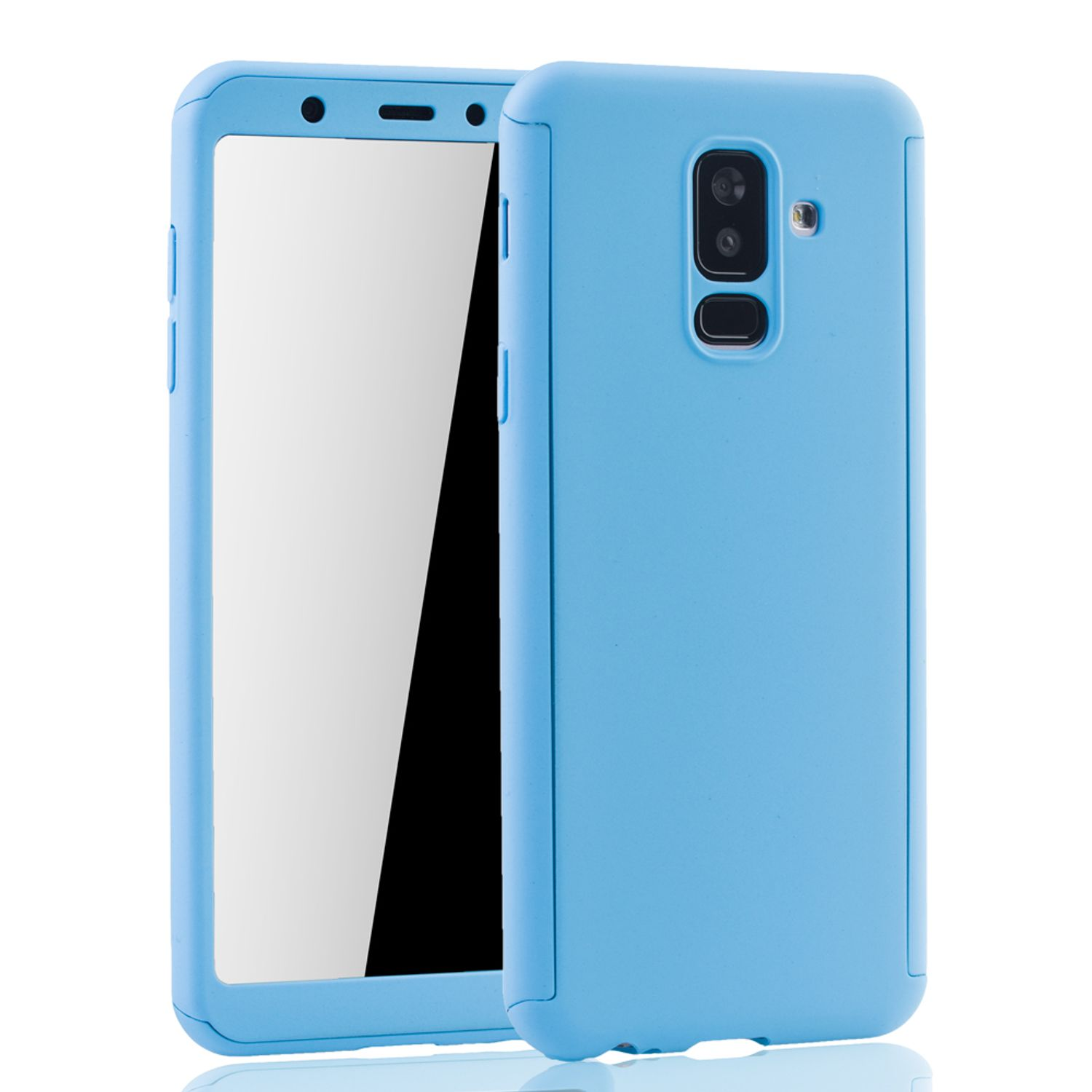 Hellblaue Handyhülle mit Telefon darin. Doppelkamera und Blitz auf der Rückseite. Weißer Hintergrund.