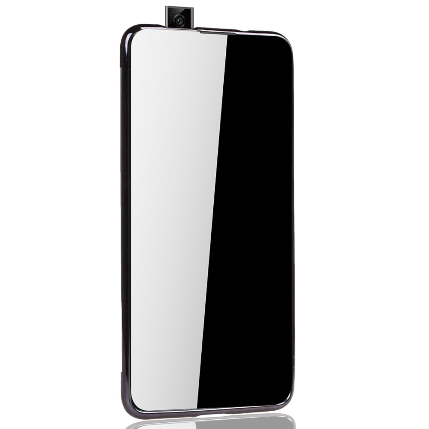 Schwarzes Telefon mit Frontkamera, roségoldfarbener Rand, auf weißem Hintergrund.