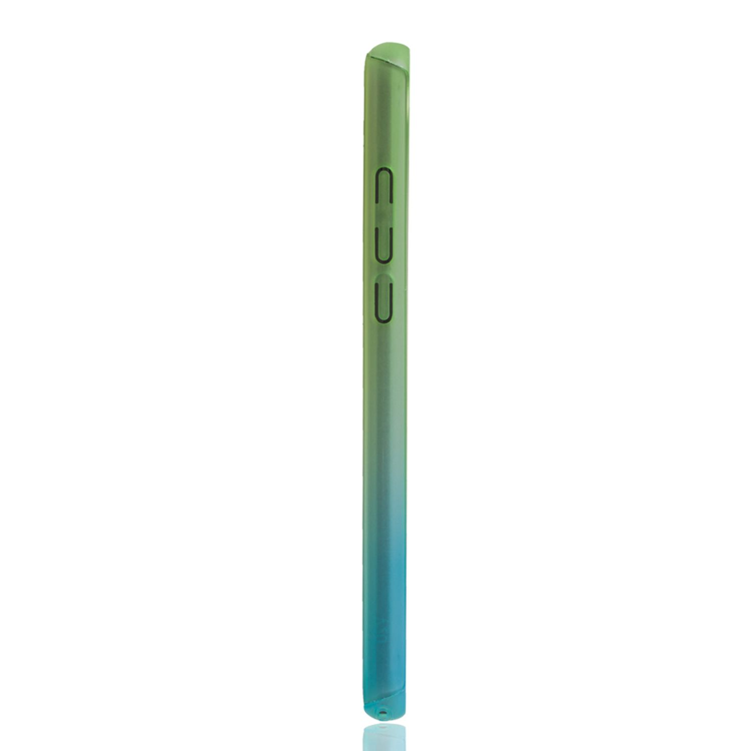 Grün-blaues Farbverlauf-Handycase mit Knöpfen. Weißer Hintergrund.