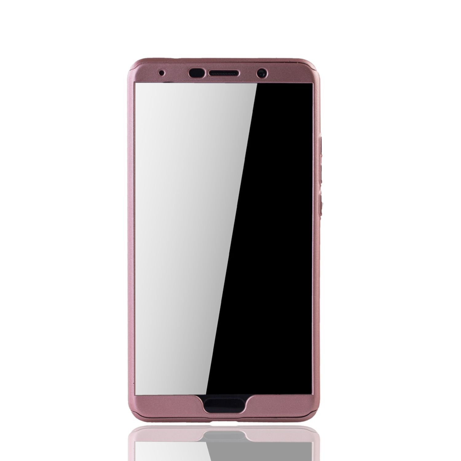 Pinkes Telefon mit weißem Bildschirm auf weißem Hintergrund, unten gespiegelt. Das Telefon ist vertikal.