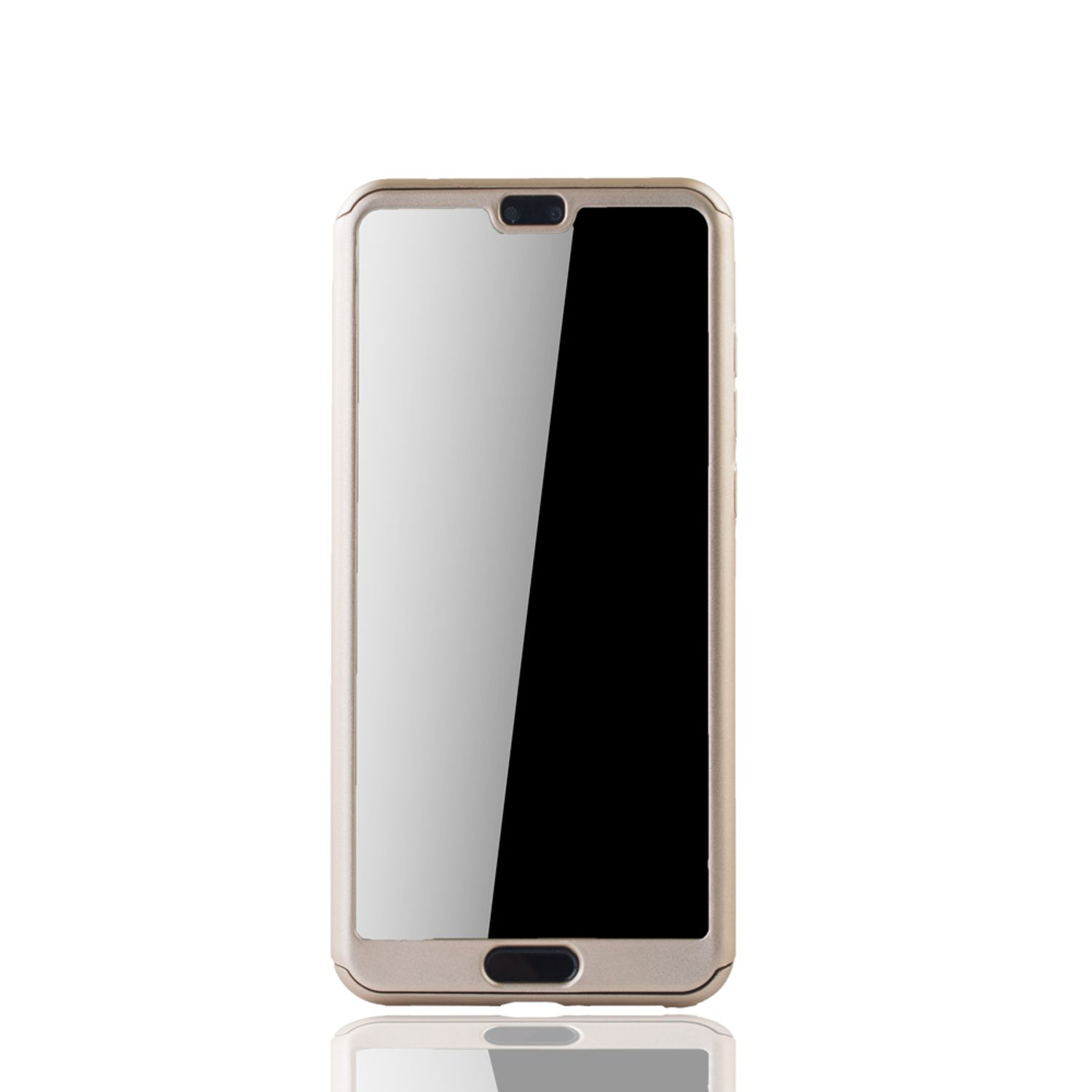 Goldene Handyhülle mit Telefon darin. Das Telefon ist vertikal. Weißer Hintergrund.