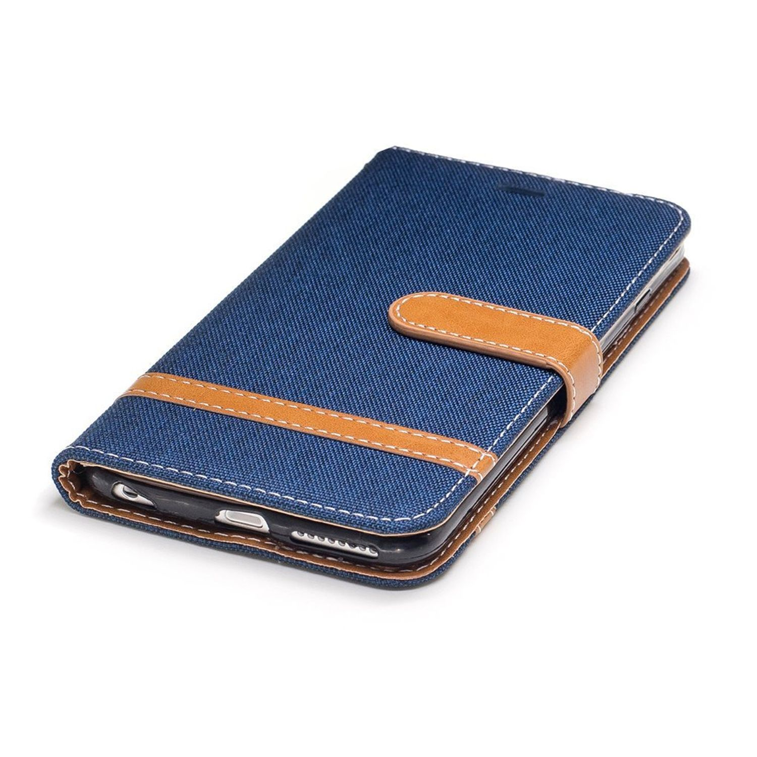 Blaue Jeans-Handyhülle mit braunem Riemen und Nähten. Das Telefon ist darin.