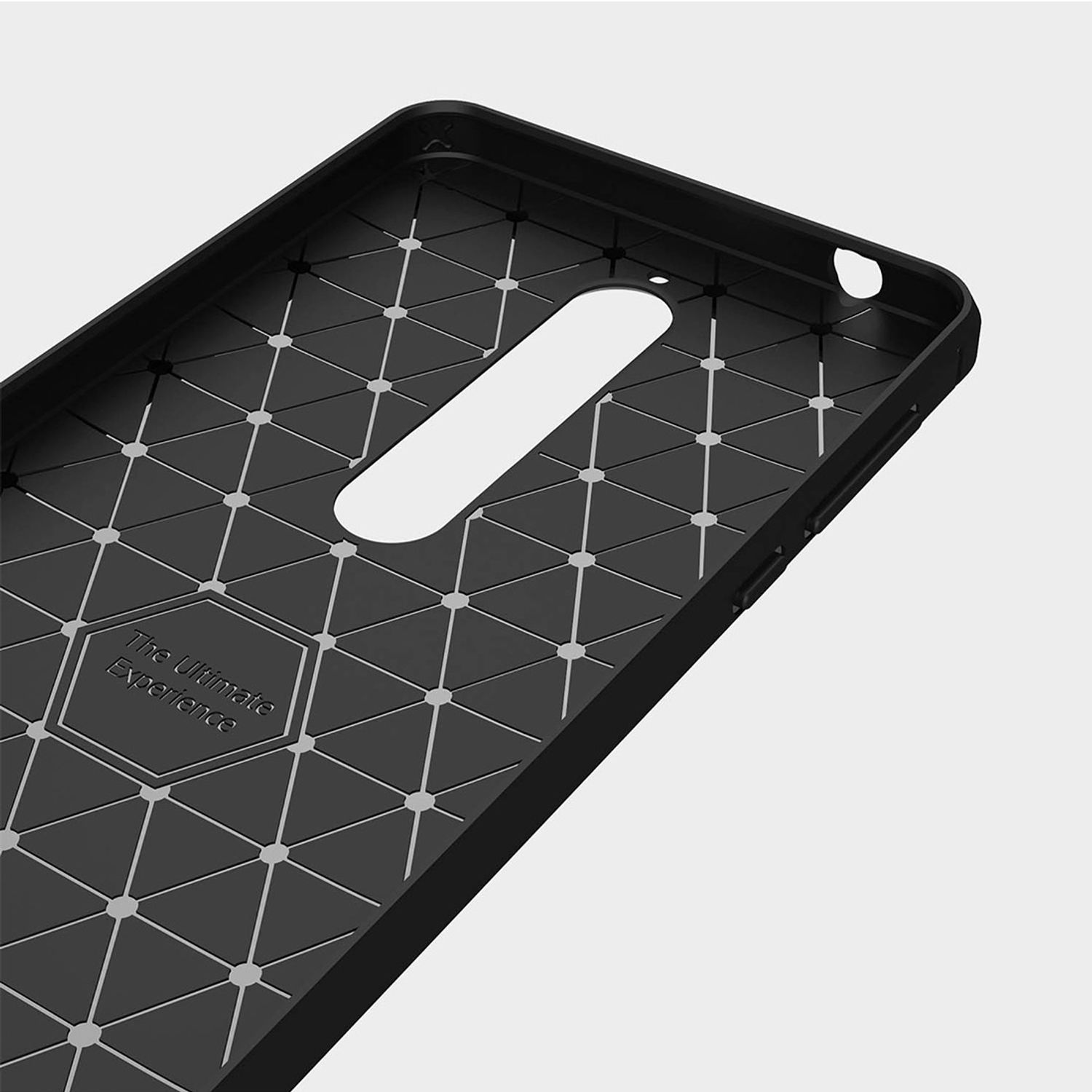 Schwarze Handyhülle, strukturiertes Innere, geometrisches Design, mit dem Text "The Ultimate Experience".