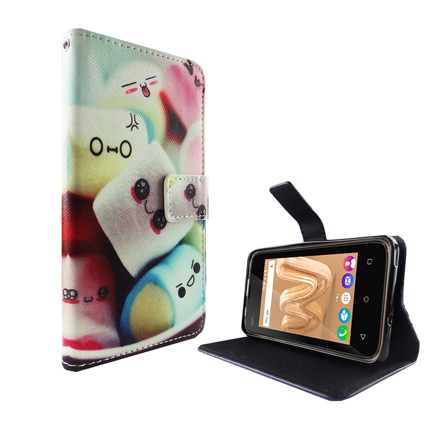 Handyhülle mit Marshmallow-Design, Telefon darin. Weißer Hintergrund.