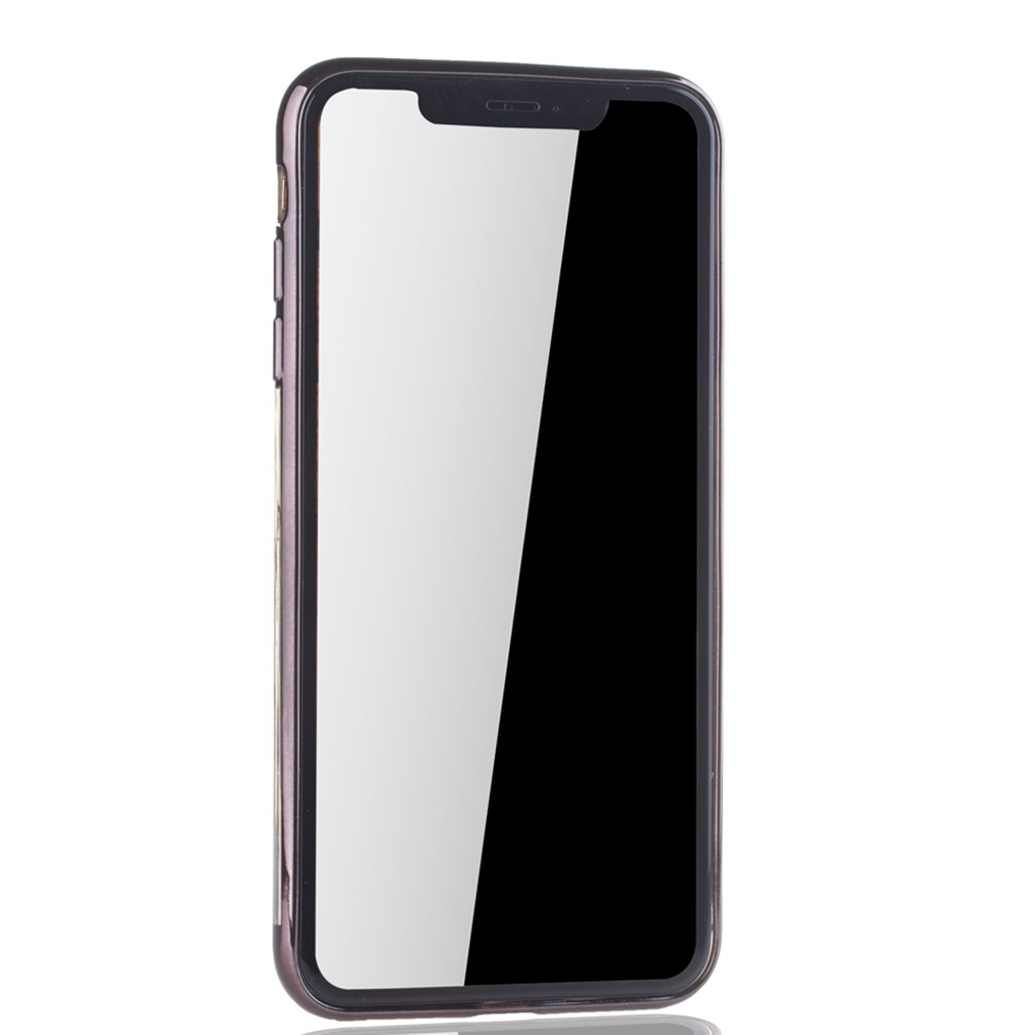 Telefon mit schwarzem Bildschirm, rosa Hülle, weißer Hintergrund, schräge Ansicht.