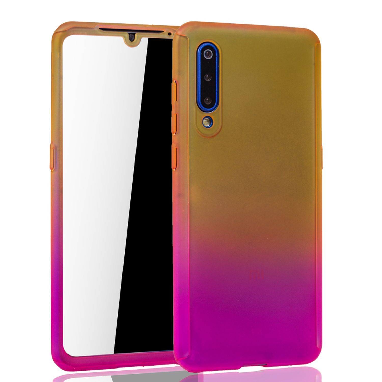 Gradient-Handyhülle, gelb bis rosa, mit einem Telefon, auf weißem Hintergrund, mit weißer Reflexion.