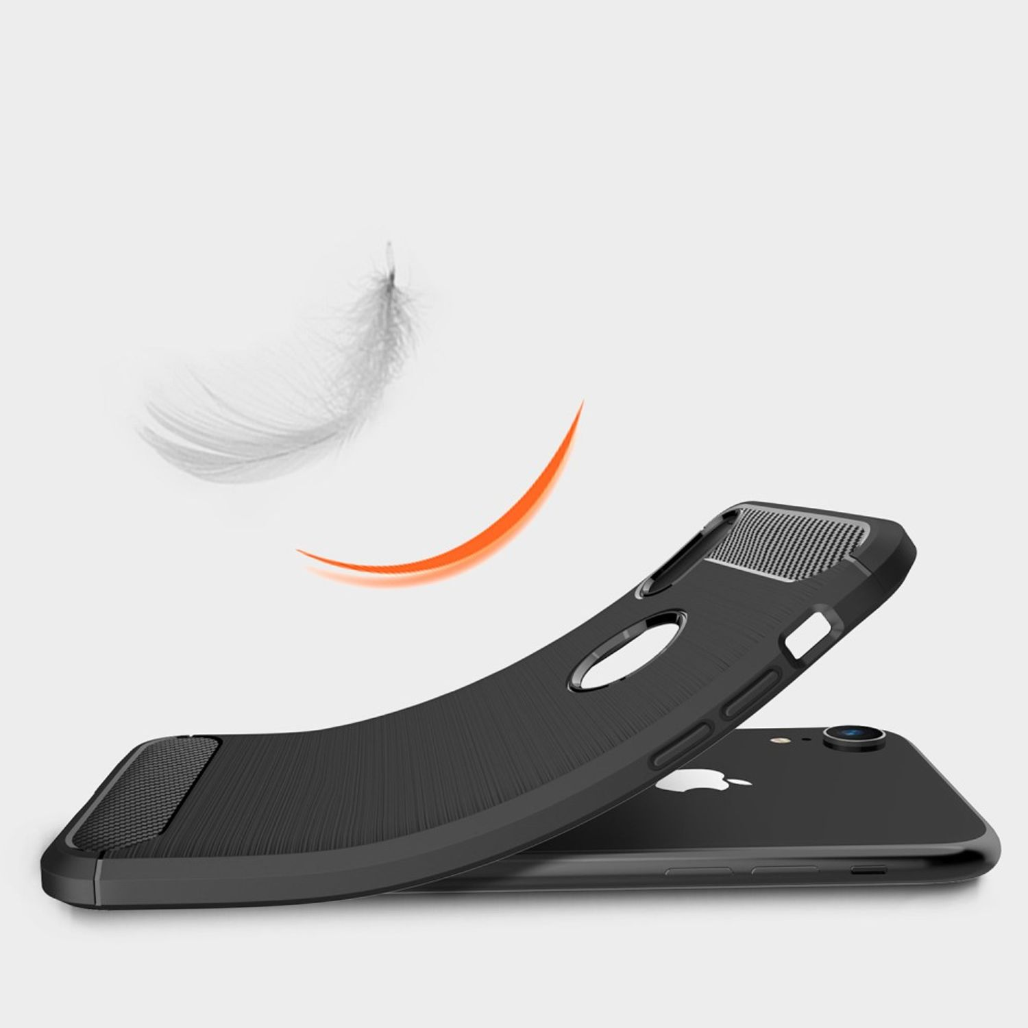Schwarze Handyhülle, gebogen, mit Feder und orangefarbenem Bogen. Das Handy ist schwarz, auf weißem Grund.