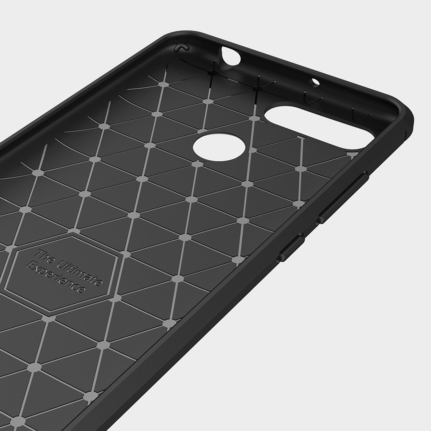 Schwarze Handyhülle mit geometrischem Muster. Text "The Ultimate Experience" ist sichtbar.